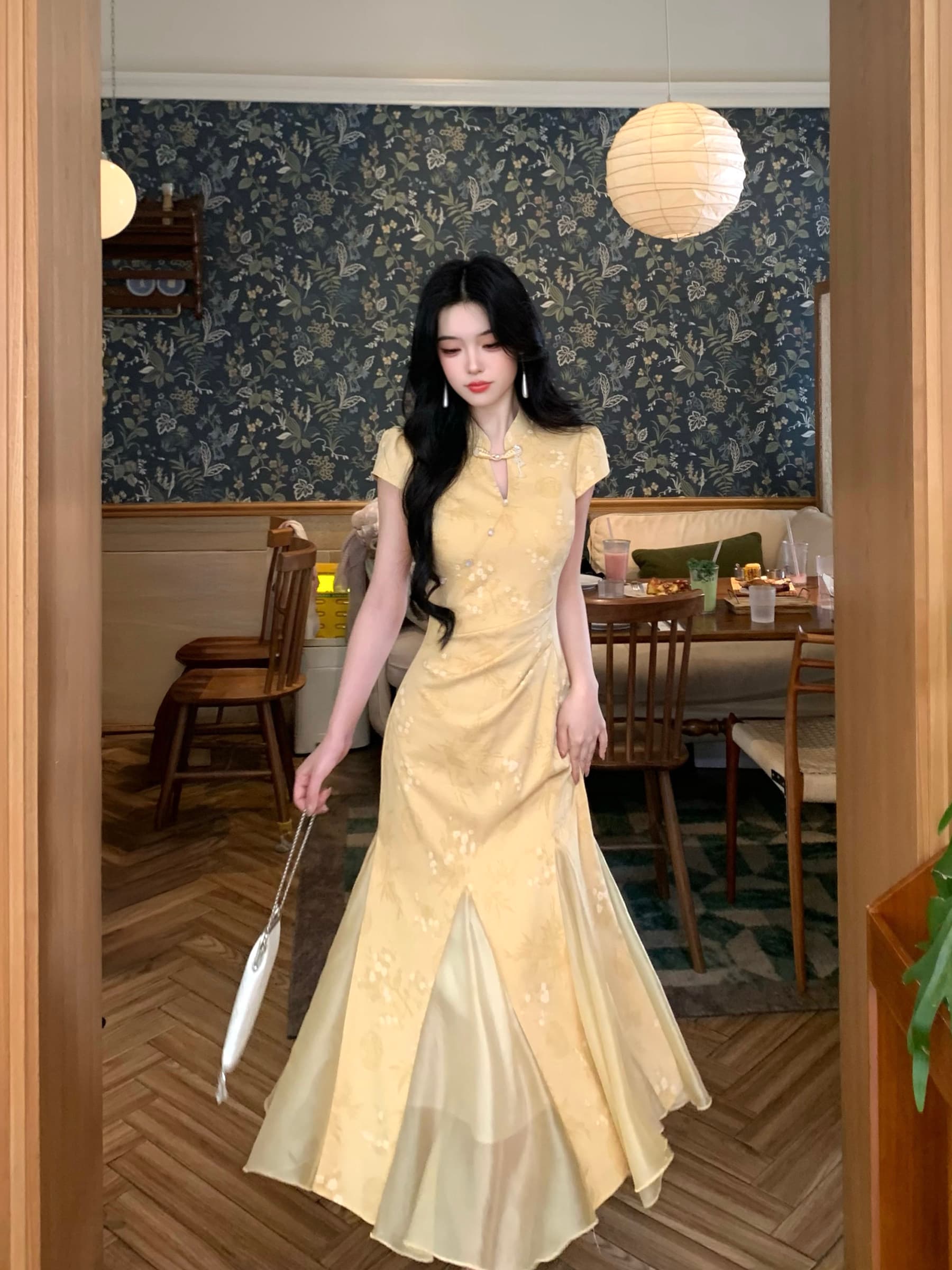 blovelan 옥 스파이크 골드 란 새로운 중식 황색 인어 꼬리 개선 참여 치파오 원 웨이 품격 드레스 이미지 3