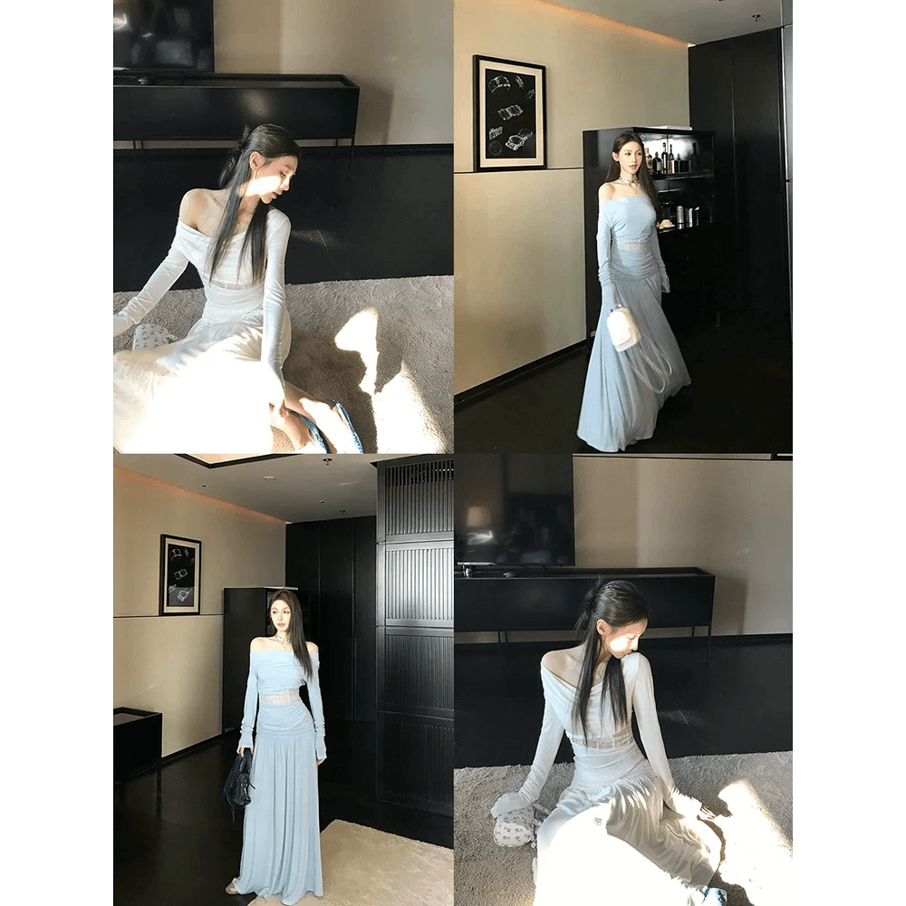skk store 향기로운 부드러운 crush 디자인 센스 오프숄더 홀로우 아웃 레이스 주름 기본 셔츠 반신 치마 세트 이미지 5
