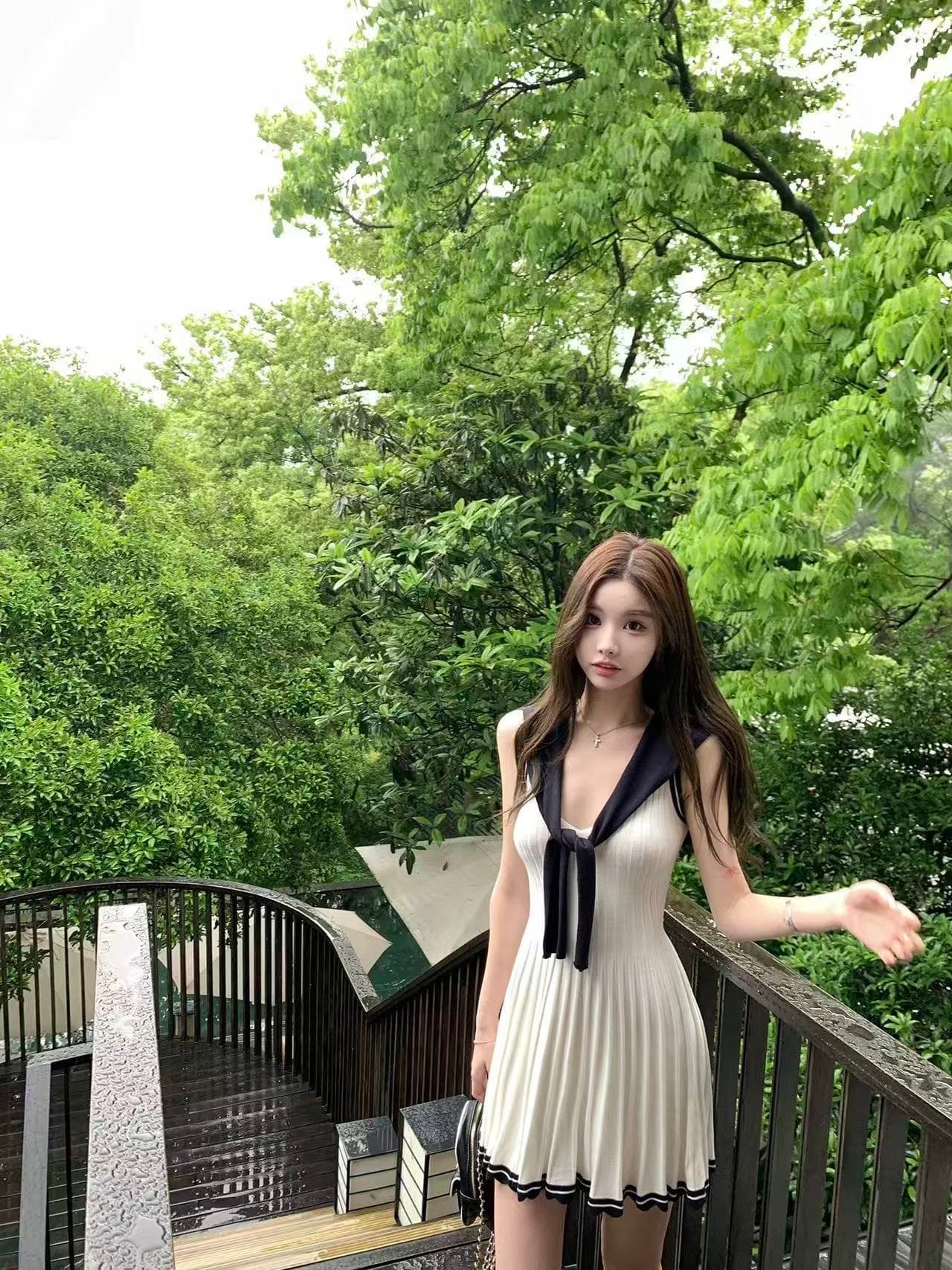 치우 고기 야오 miu 부서 사설 서비스 느슨함 한 부서 통기성 배색 숄 드레스 투피스 세트 여름 드레스 이미지 4