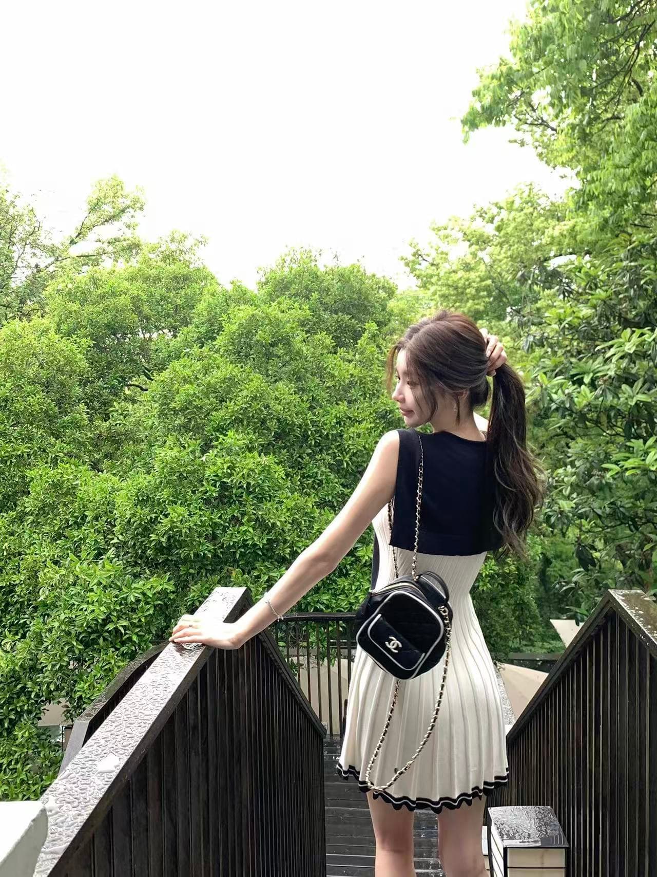 치우 고기 야오 miu 부서 사설 서비스 느슨함 한 부서 통기성 배색 숄 드레스 투피스 세트 여름 드레스 상세 이미지 5