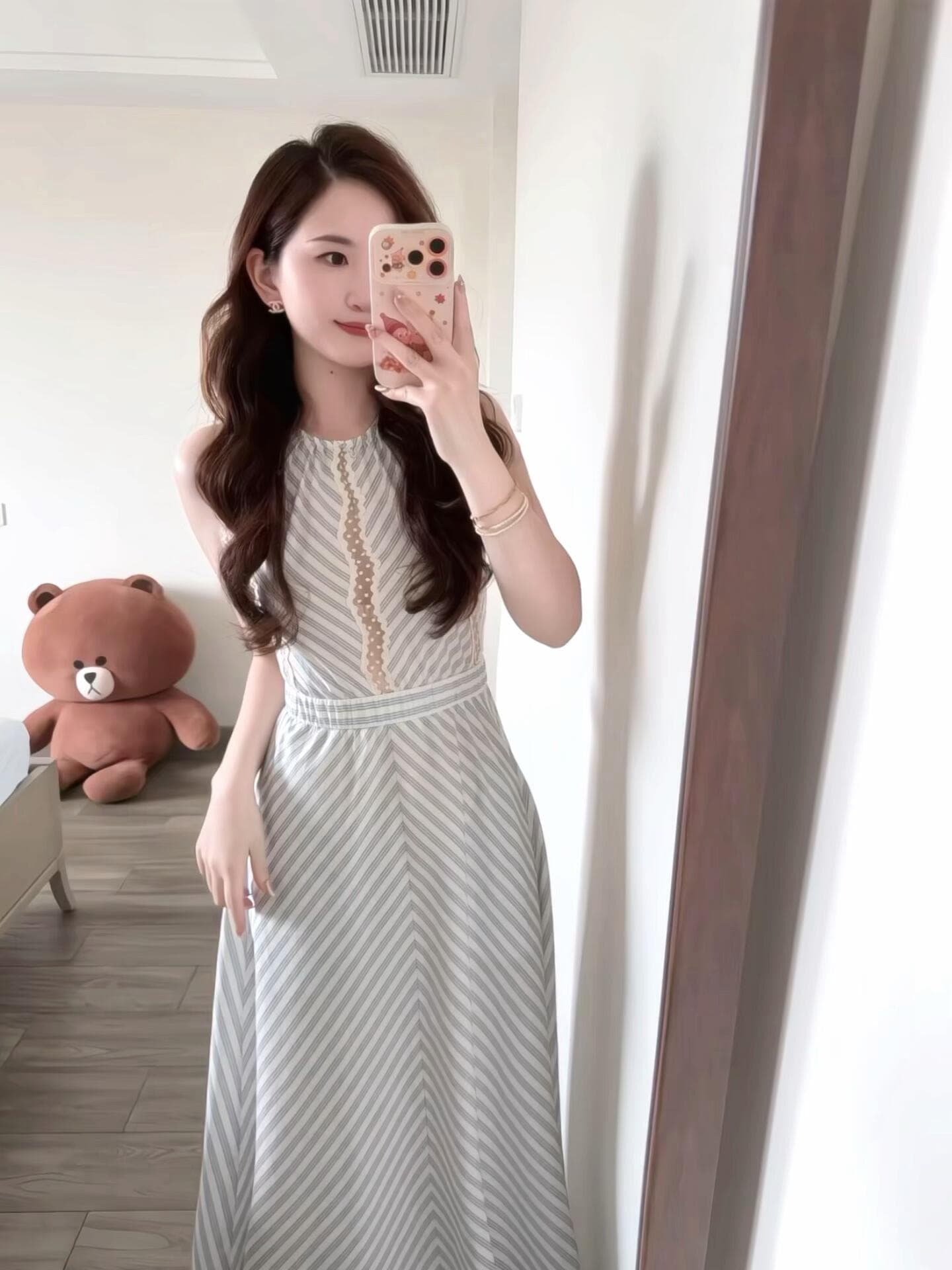 madofit Madou summer 한여름 맑은 바다 빛 사람들 산소 센스 레이스 조각 스트라이프 민소매 드레스 상세 이미지 2