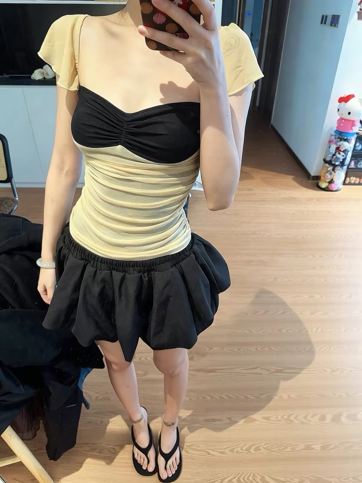 ruanrui 아몬드 Tulle 패치워크 배색 망사 작은 날다 소매 발레 바람 ins 펌프 Pleat 신축성 슬립 맨위 상세 이미지 1