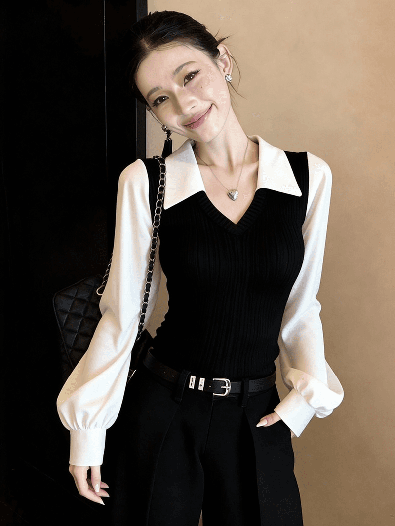 작은 샤넬 스타일 미니멀리즘 캐주얼 와 성별 일상 출퇴근 인기 흑인과 백인 여성 셔츠 2026 이른 봄 배색 패치워크 맨위 상세 이미지 1