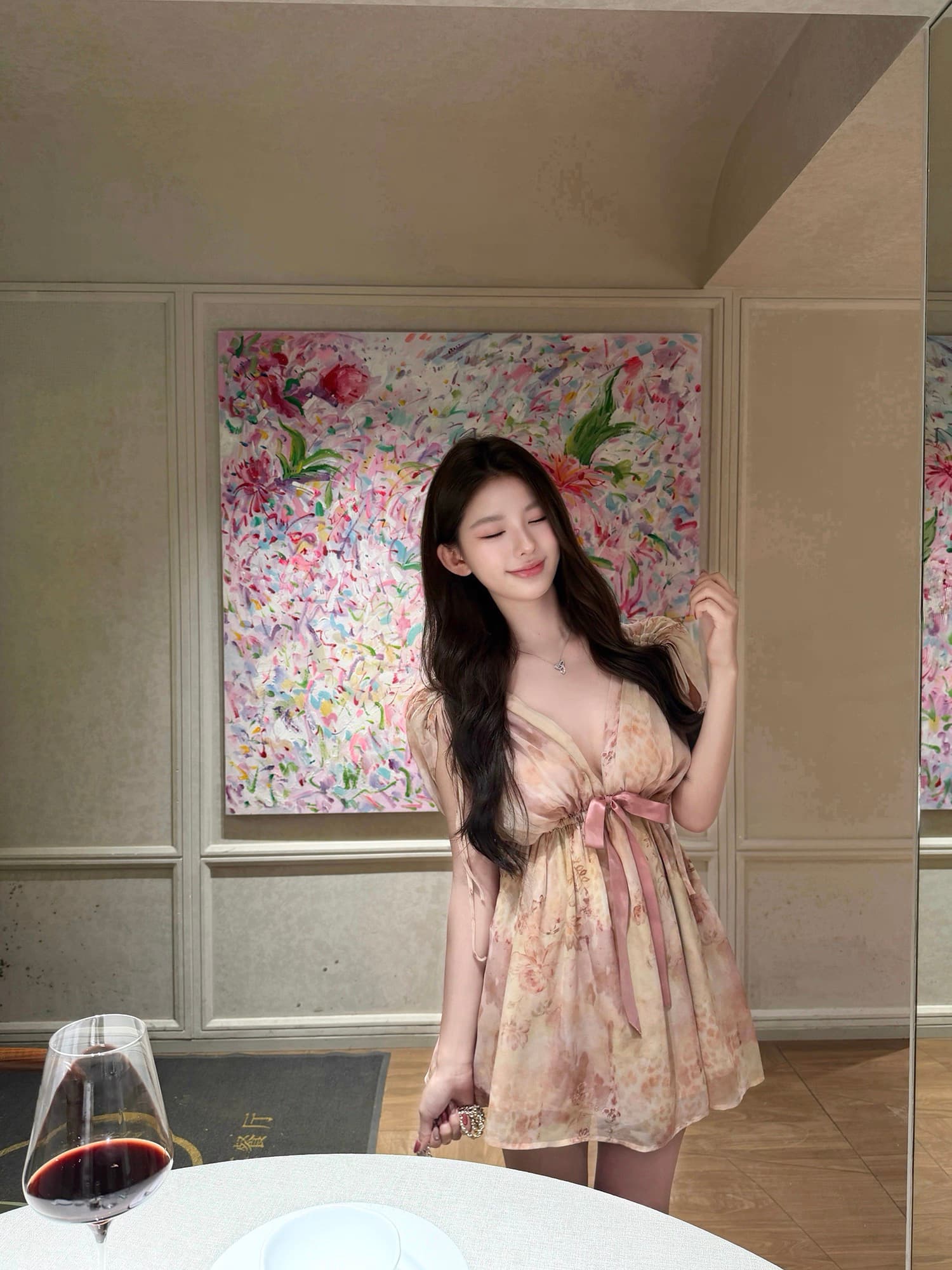 kubiliv Wenxiang nephrite 프랑스식 꽃무늬 레이스업 여성 드레스 절묘한 느슨함 센스 깊은 V 넥 짧은 치마 이미지 4