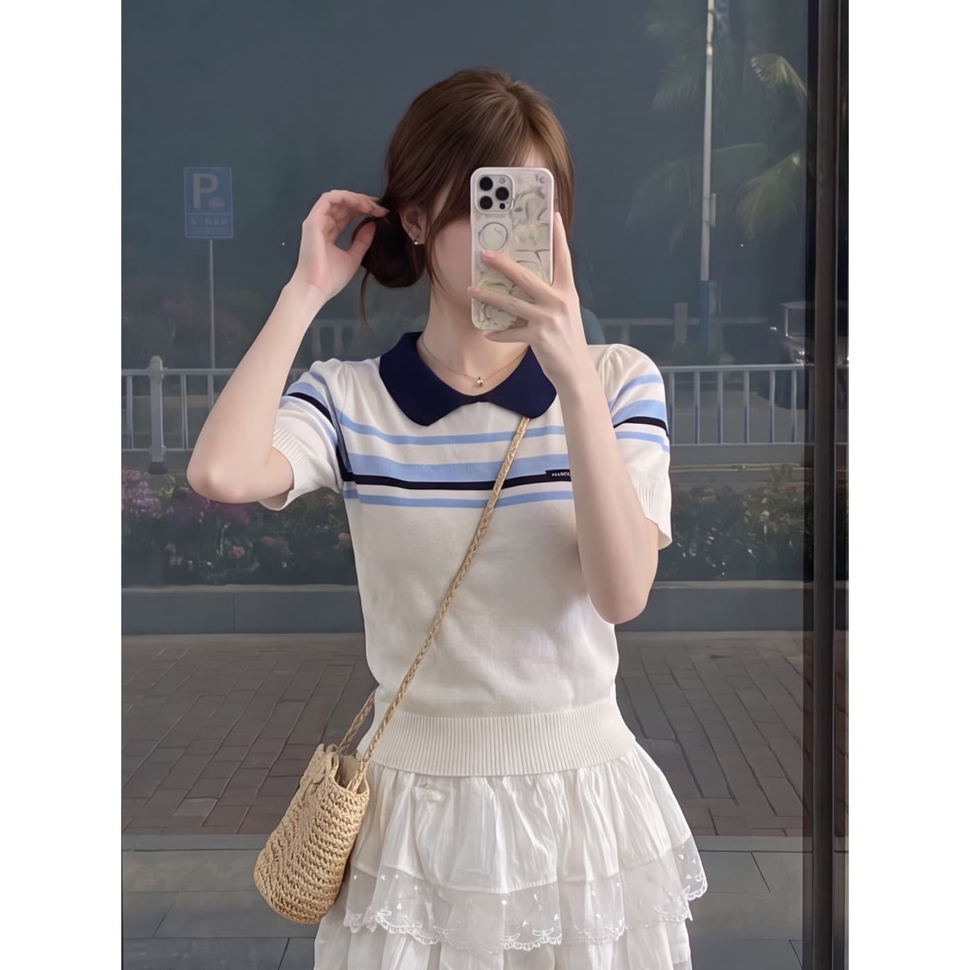 품질 학원 스타일 배색 스트라이프 베이비 칼라 반팔 여성 여름 새로운 한 부서 니트 스웨터 세트 상세 이미지 5
