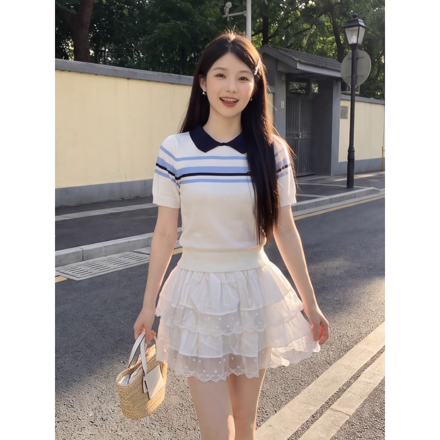 품질 학원 스타일 배색 스트라이프 베이비 칼라 반팔 여성 여름 새로운 한 부서 니트 스웨터 세트 상세 이미지 8