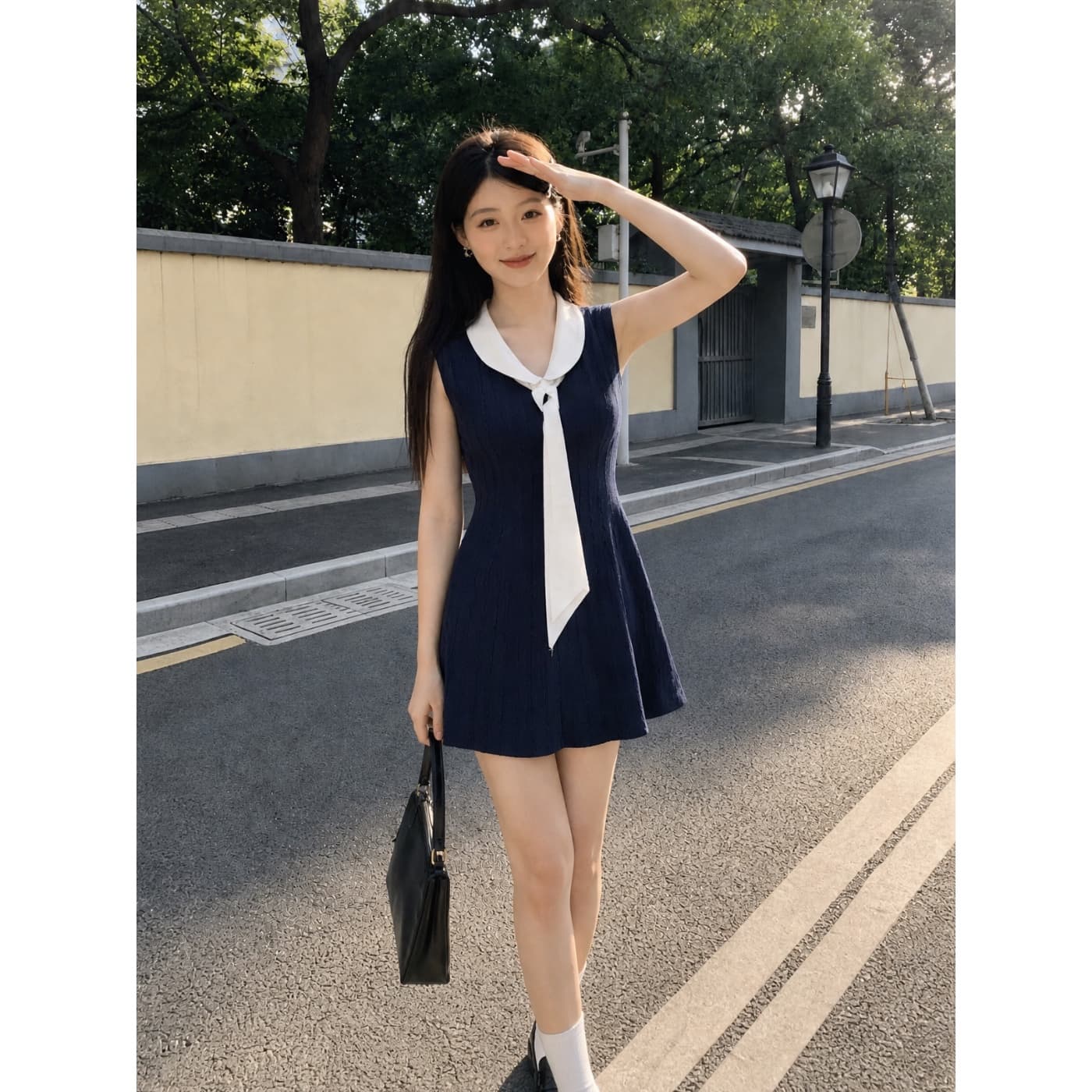 학원 스타일 해군 칼라 민소매 니트 드레스 해군 허리 수축 a 단어 플리츠 미니 스커트 이미지 2