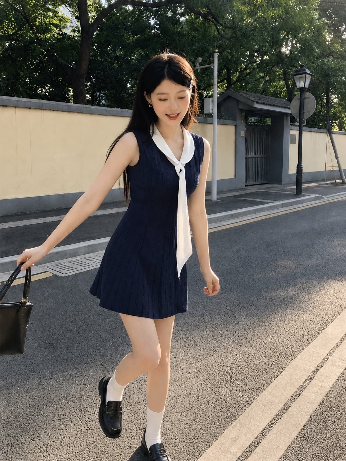 학원 스타일 해군 칼라 민소매 니트 드레스 해군 허리 수축 a 단어 플리츠 미니 스커트 상세 이미지 3