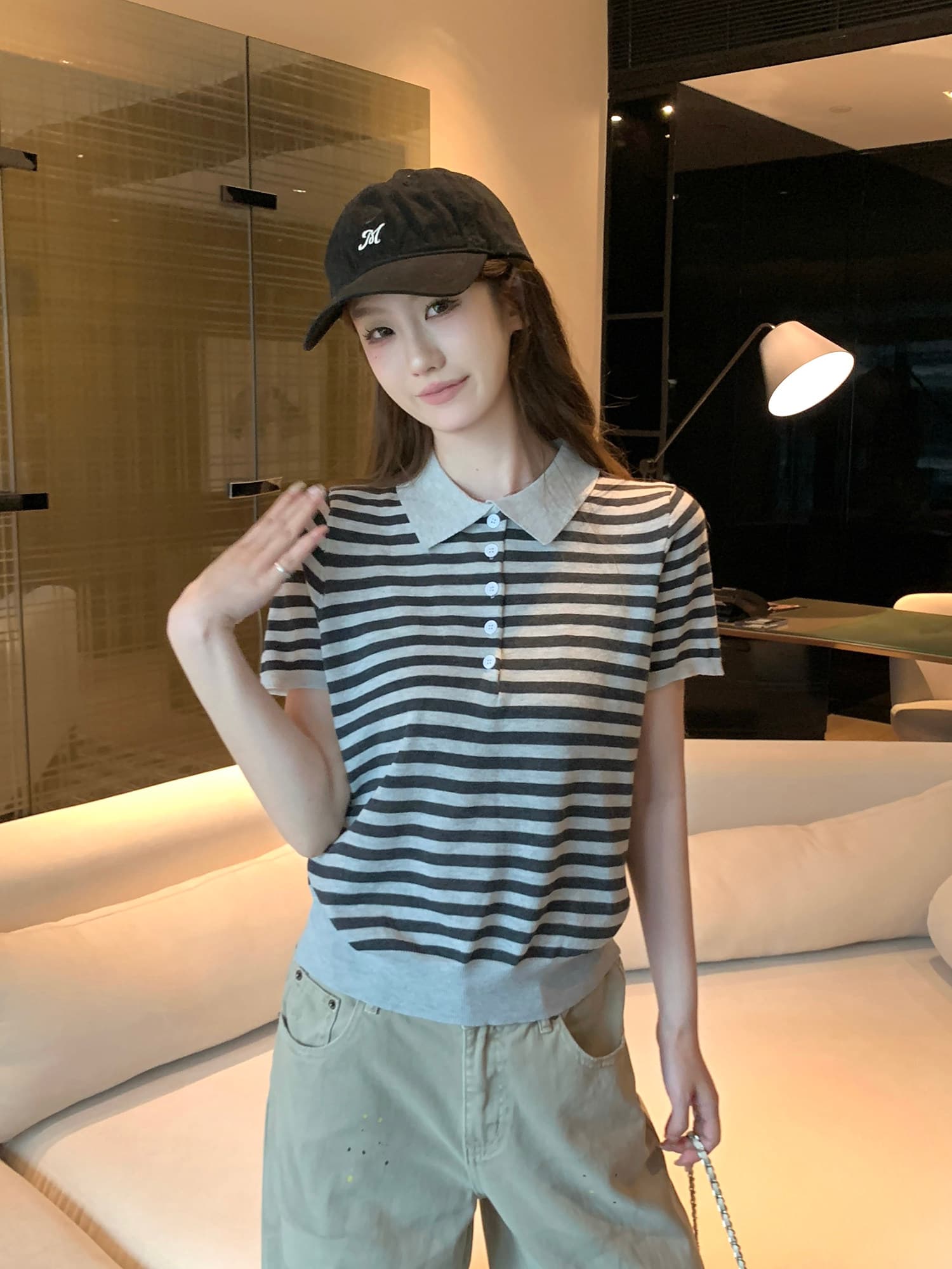 2026 슈퍼 화재 연령 감소 스트라이프 polo 폴로 칼라 니트 반팔 티셔츠 여성 여름 루즈핏 표지 배 슬림해 보이는 맨위 상세 이미지 7