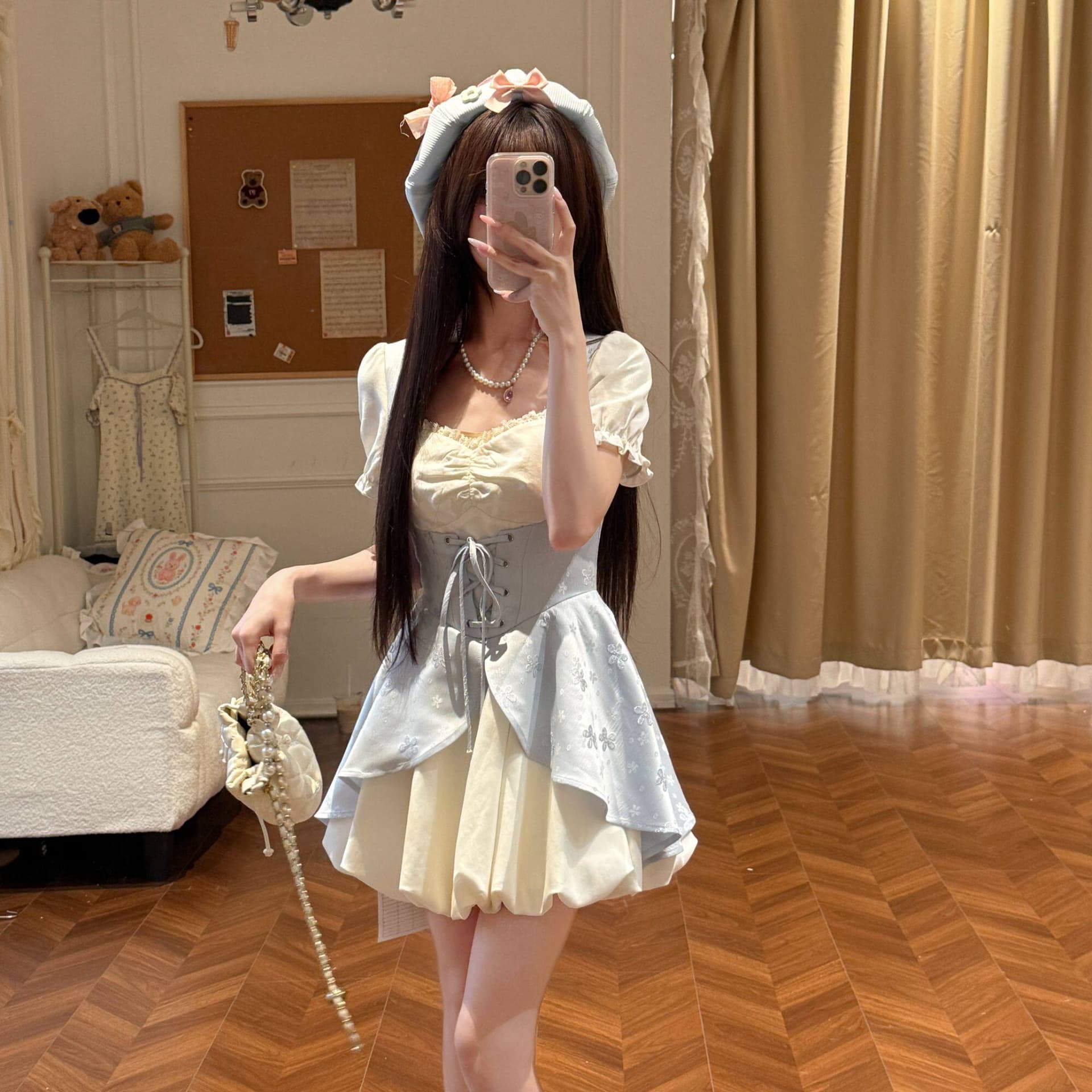 직물 돼지 바다 소금 코코넛 코코넛 부드러운 부서 광장 칼라 거품 소매 패치워크 여성 드레스 여름 자카드 허리 수축 미니 스커트