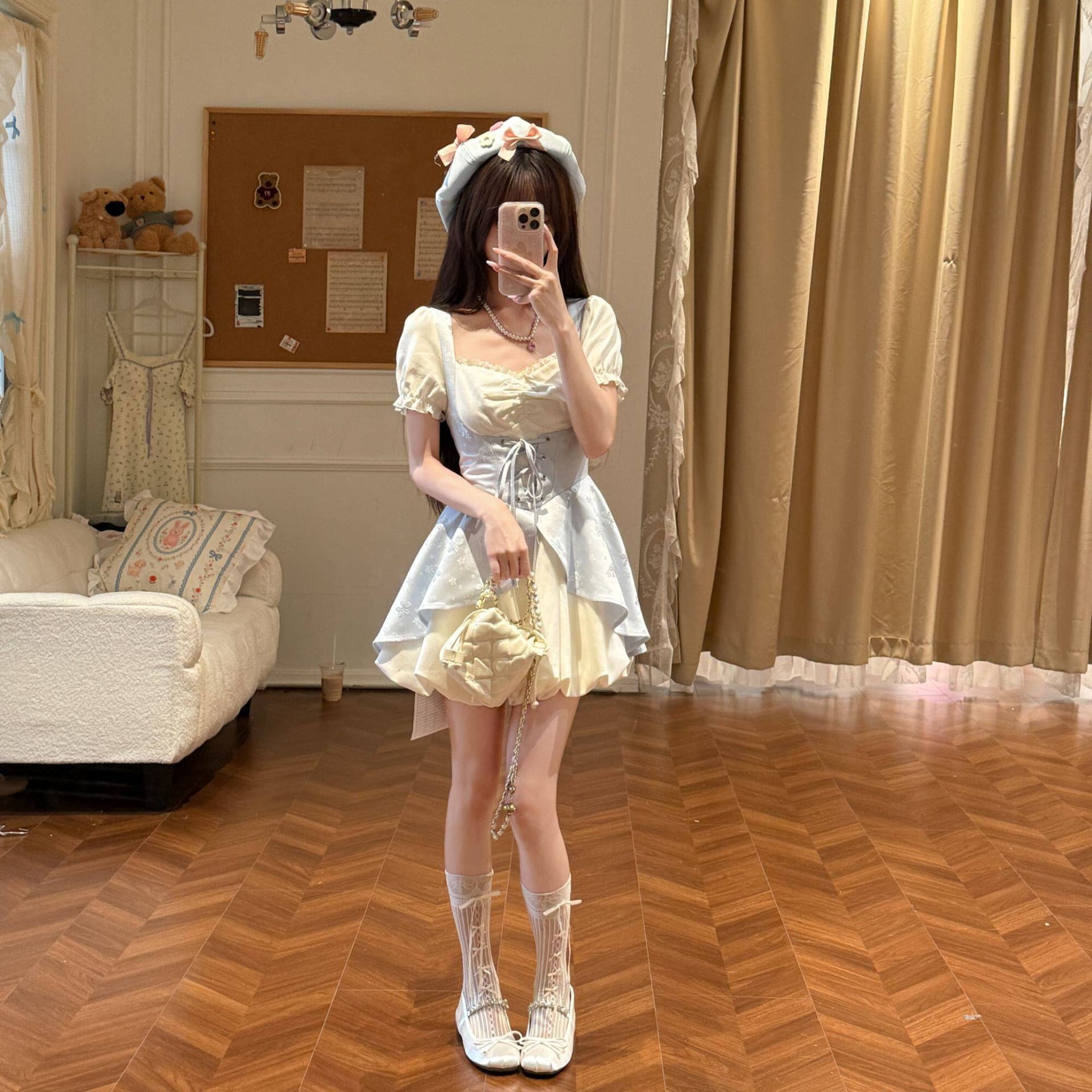 직물 돼지 바다 소금 코코넛 코코넛 부드러운 부서 광장 칼라 거품 소매 패치워크 여성 드레스 여름 자카드 허리 수축 미니 스커트 이미지 2