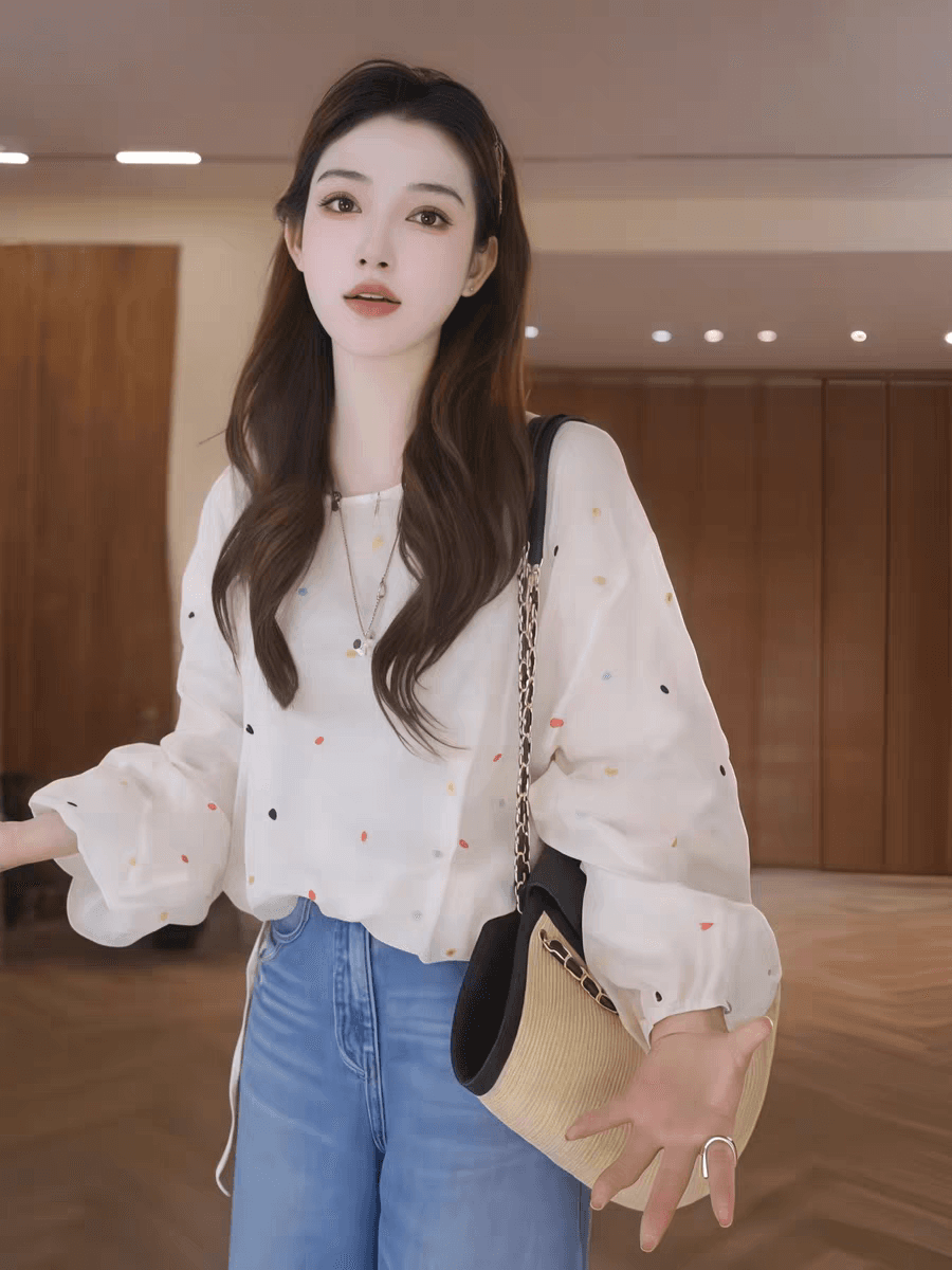고급 센스 색상 하트 자수 벌룬 소매 여성 셔츠 여름 새로운 루즈핏 슬림해 보이는 연령 감소 자외선 차단 맨위 트렌디 이미지 2