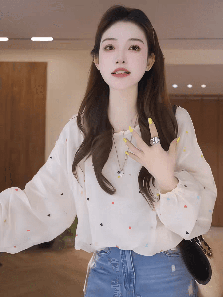 고급 센스 색상 하트 자수 벌룬 소매 여성 셔츠 여름 새로운 루즈핏 슬림해 보이는 연령 감소 자외선 차단 맨위 트렌디 상세 이미지 4