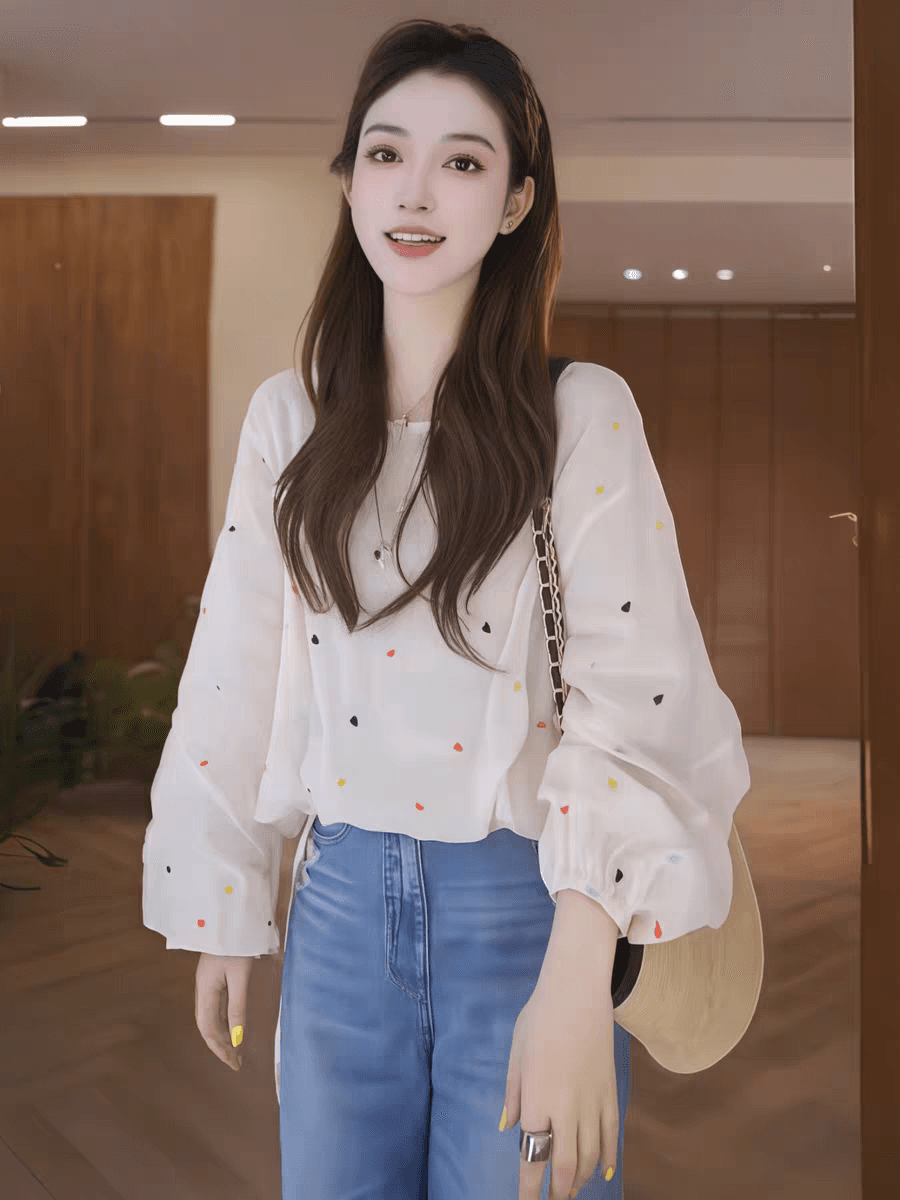 고급 센스 색상 하트 자수 벌룬 소매 여성 셔츠 여름 새로운 루즈핏 슬림해 보이는 연령 감소 자외선 차단 맨위 트렌디 상세 이미지 6