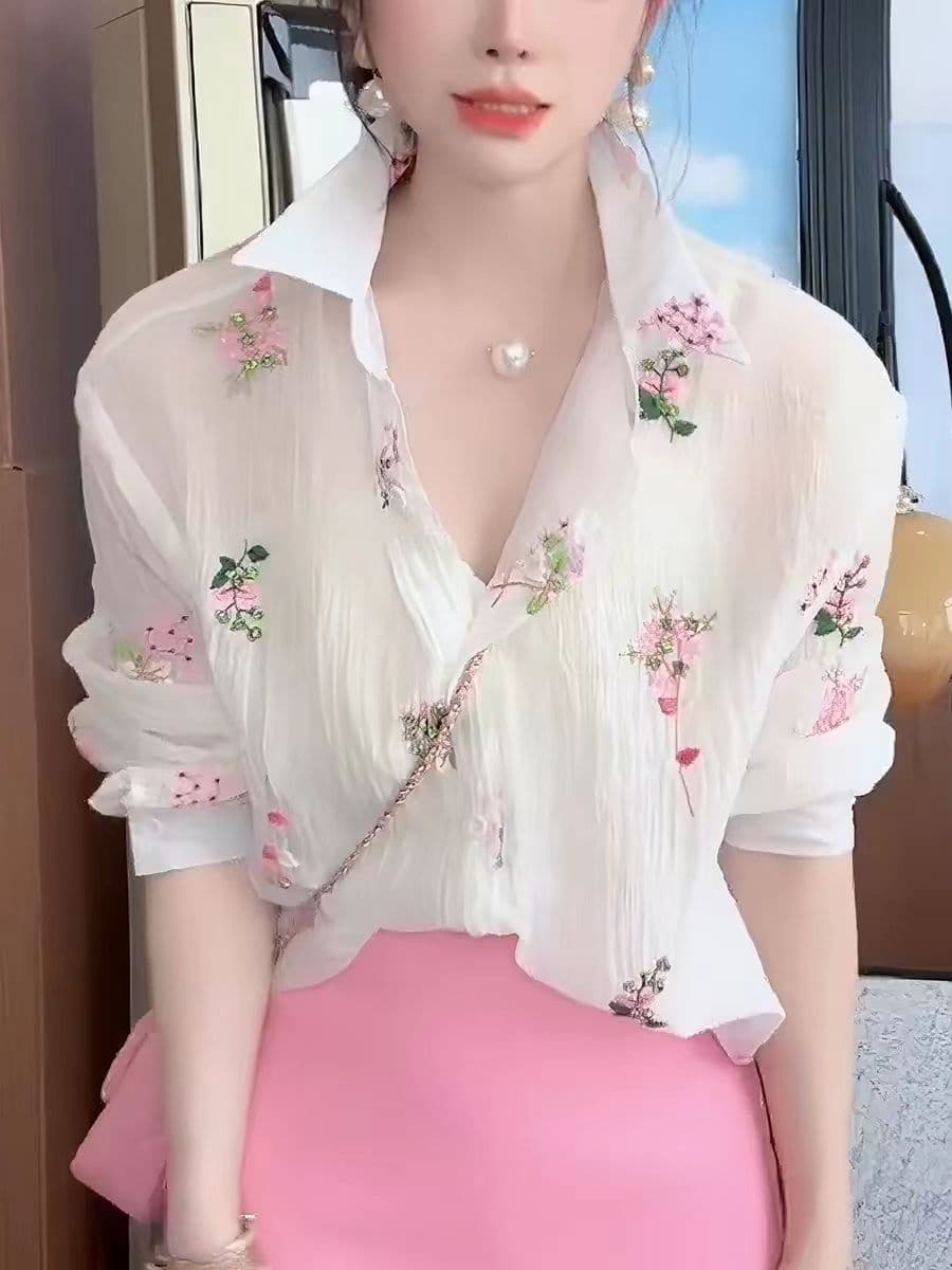 프랑스식 꽃무늬 디자인 센스 다이아몬드 세팅 자수 여성 셔츠 여름 새로운 패션 품격 연령 감소 자외선 차단 맨위 상세 이미지 4