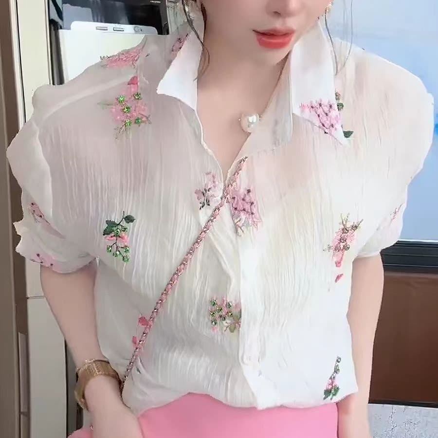 프랑스식 꽃무늬 디자인 센스 다이아몬드 세팅 자수 여성 셔츠 여름 새로운 패션 품격 연령 감소 자외선 차단 맨위 상세 이미지 5