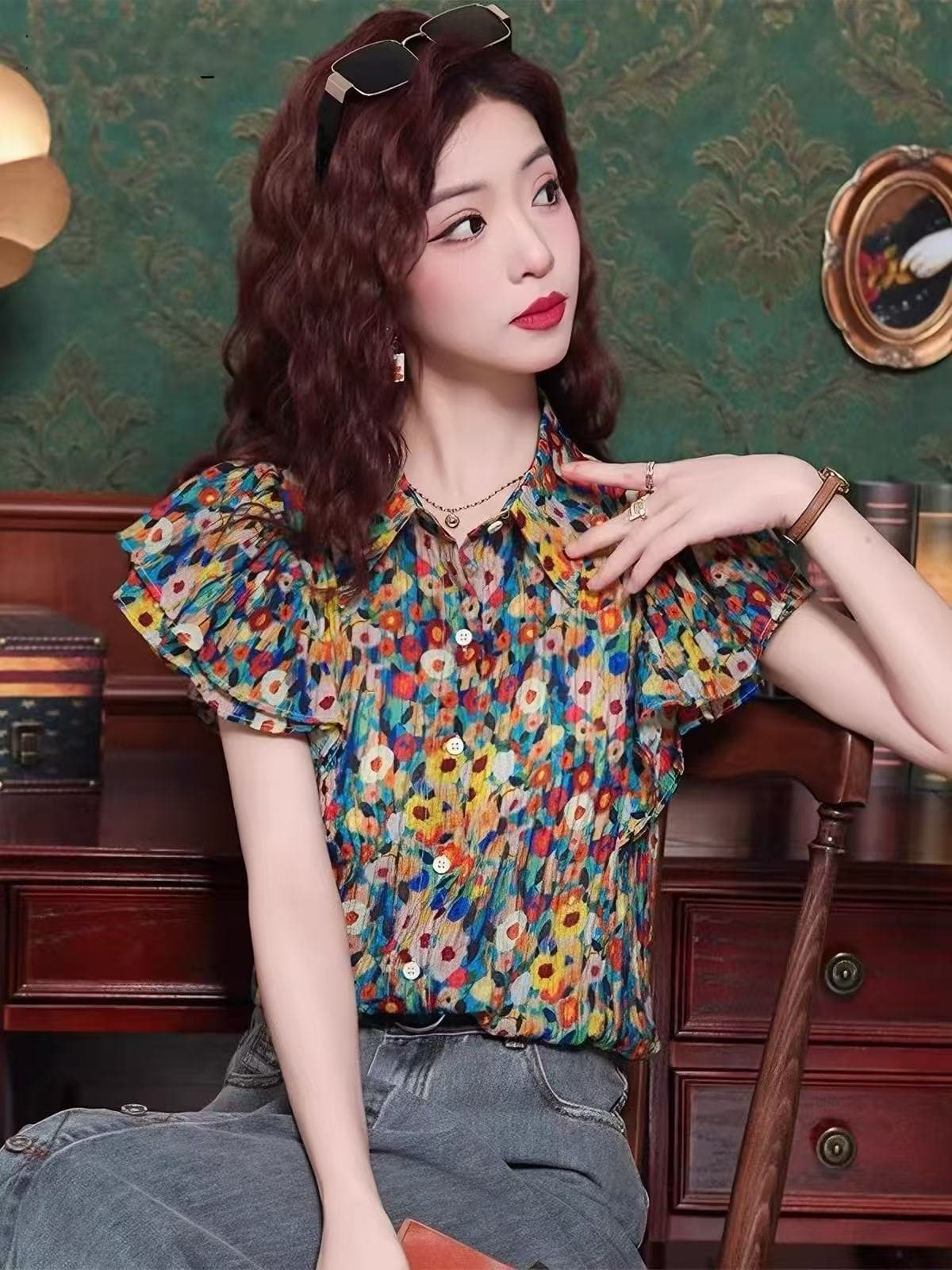 POLO 칼라 꽃무늬 셔츠 반팔 티셔츠 여성 새로운 여름 연령 감소 패션 고급 센스 작은 날다 소매 맨위 이미지 4