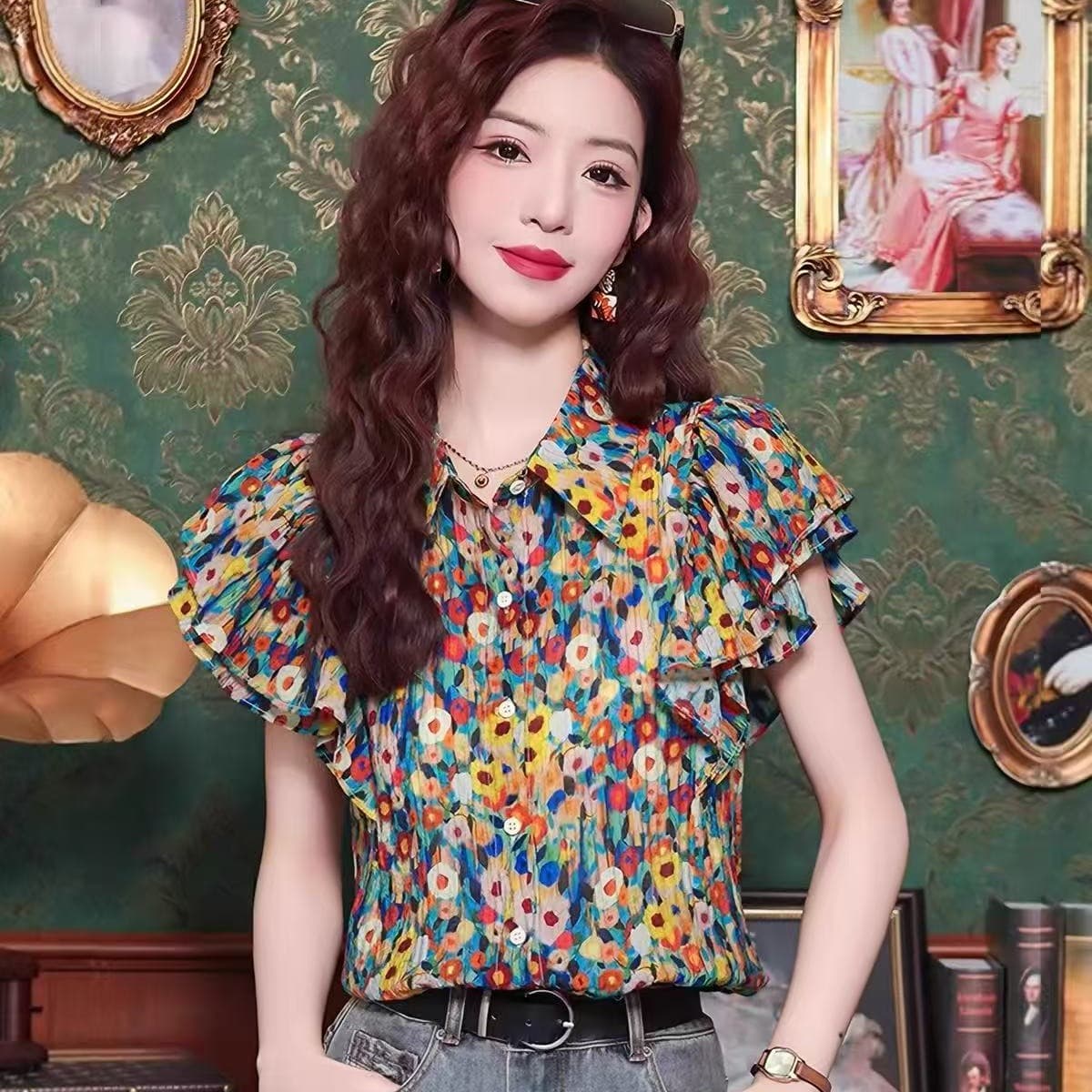 POLO 칼라 꽃무늬 셔츠 반팔 티셔츠 여성 새로운 여름 연령 감소 패션 고급 센스 작은 날다 소매 맨위 이미지 5