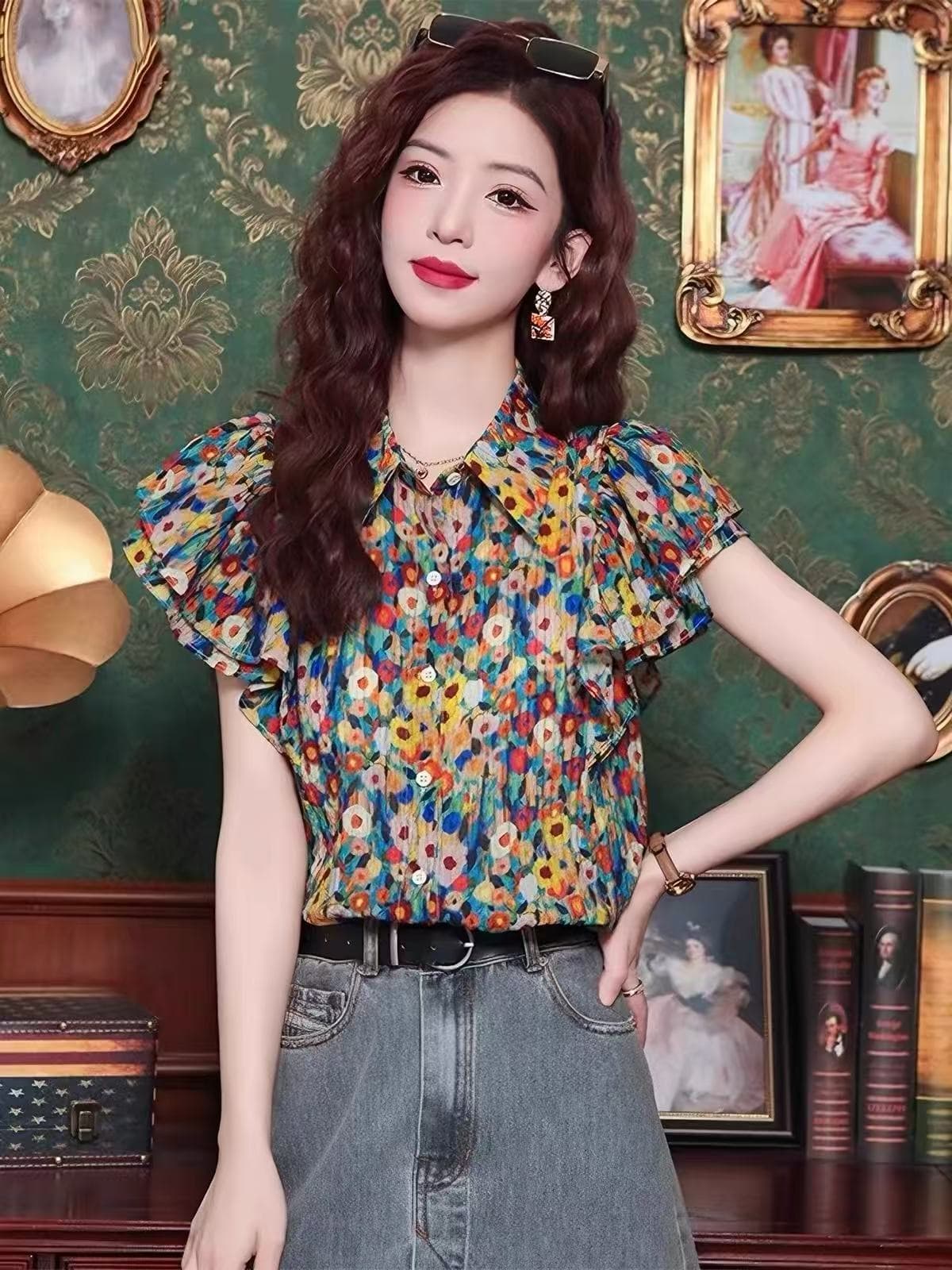 POLO 칼라 꽃무늬 셔츠 반팔 티셔츠 여성 새로운 여름 연령 감소 패션 고급 센스 작은 날다 소매 맨위 상세 이미지 6