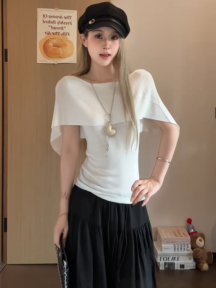 오래된 돈 바람 오프숄더 망토 반팔 티셔츠 여성 여름 품격 느슨함 니트 스웨터 허리 수축 도루 센스