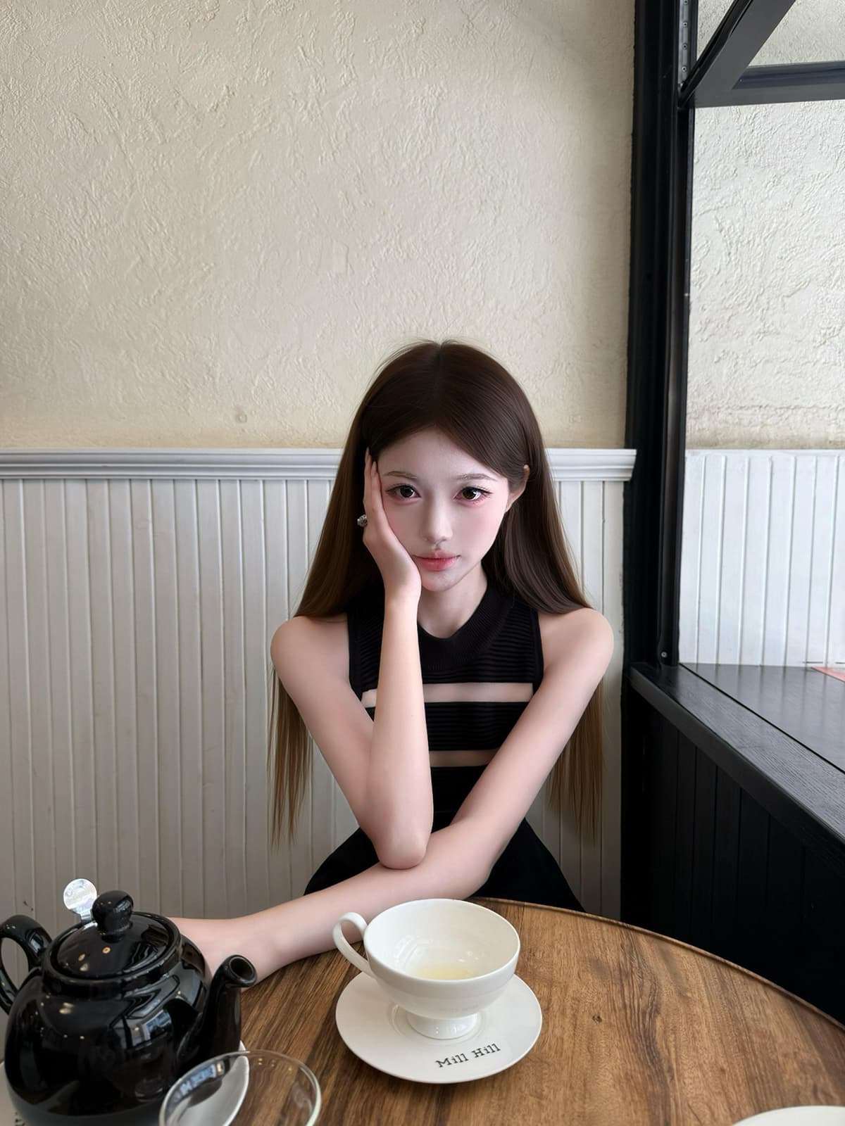 하프 ~을 통해 시 순수한 욕망 품격 검정색 스트라이프 민소매 허리 수축 슬림해 보이는 한 마디 드레스 상세 이미지 4