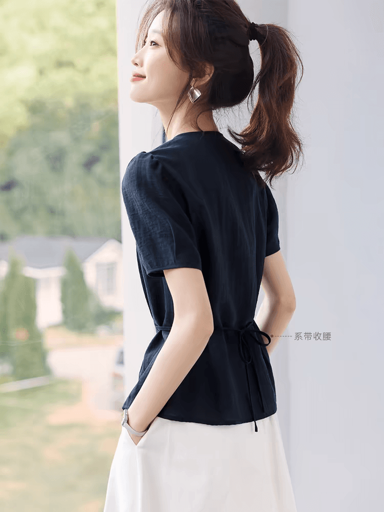 폼 한 에 따르면 아름다움 레트로 디자인 센스 거품 소매 허리 수축 레이스업 반팔 셔츠 여름 새로운 몸매 가꾸기 셔츠 이미지 2