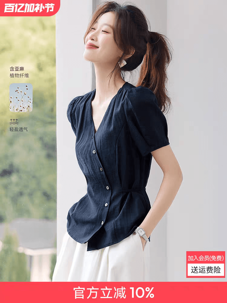 폼 한 에 따르면 아름다움 레트로 디자인 센스 거품 소매 허리 수축 레이스업 반팔 셔츠 여름 새로운 몸매 가꾸기 셔츠 상세 이미지 1