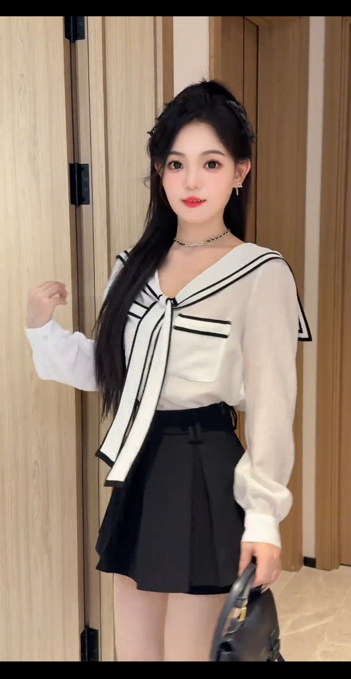 mm 프랑스식 리본 해군 칼라 여성 셔츠 가을 새로운 연령 감소 Chic 긴팔 세트 상세 이미지 2