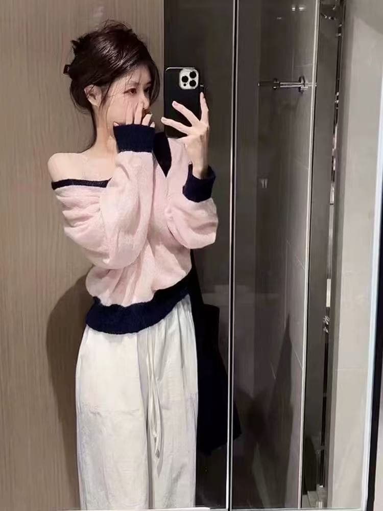 titi 아름다운 소녀 레트로 핑크색 패치워크 색상 V넥 부드러운 찹쌀 얇은 스타일 플리스 플러시 스웨터 부드러운 달콤함 맨위 상세 이미지 2