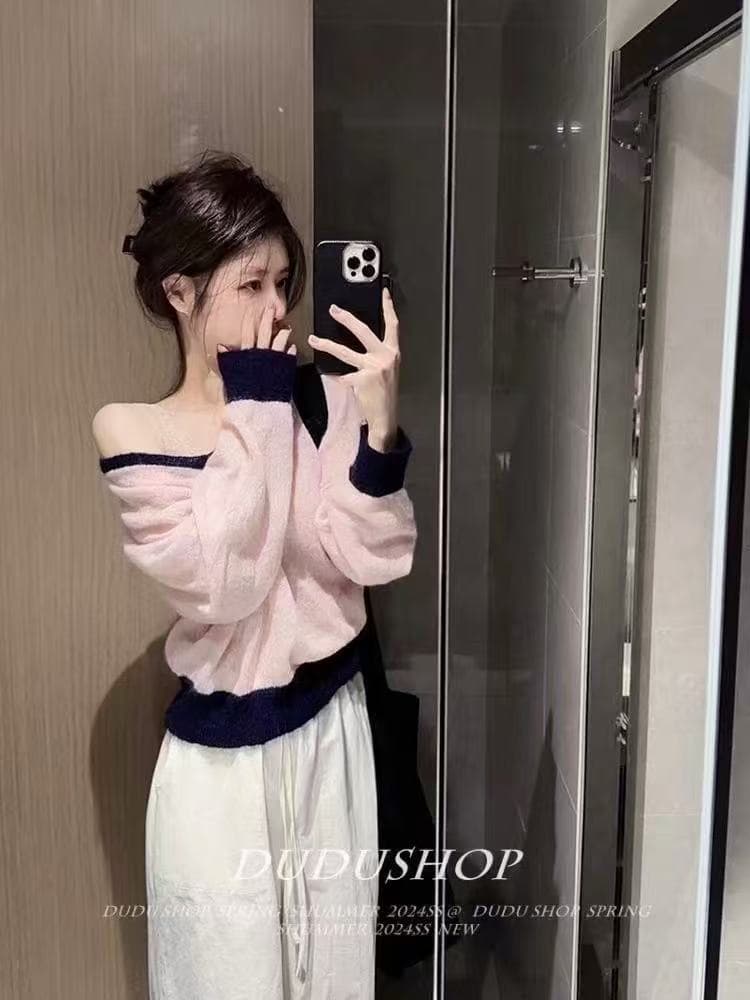 titi 아름다운 소녀 레트로 핑크색 패치워크 색상 V넥 부드러운 찹쌀 얇은 스타일 플리스 플러시 스웨터 부드러운 달콤함 맨위 상세 이미지 4