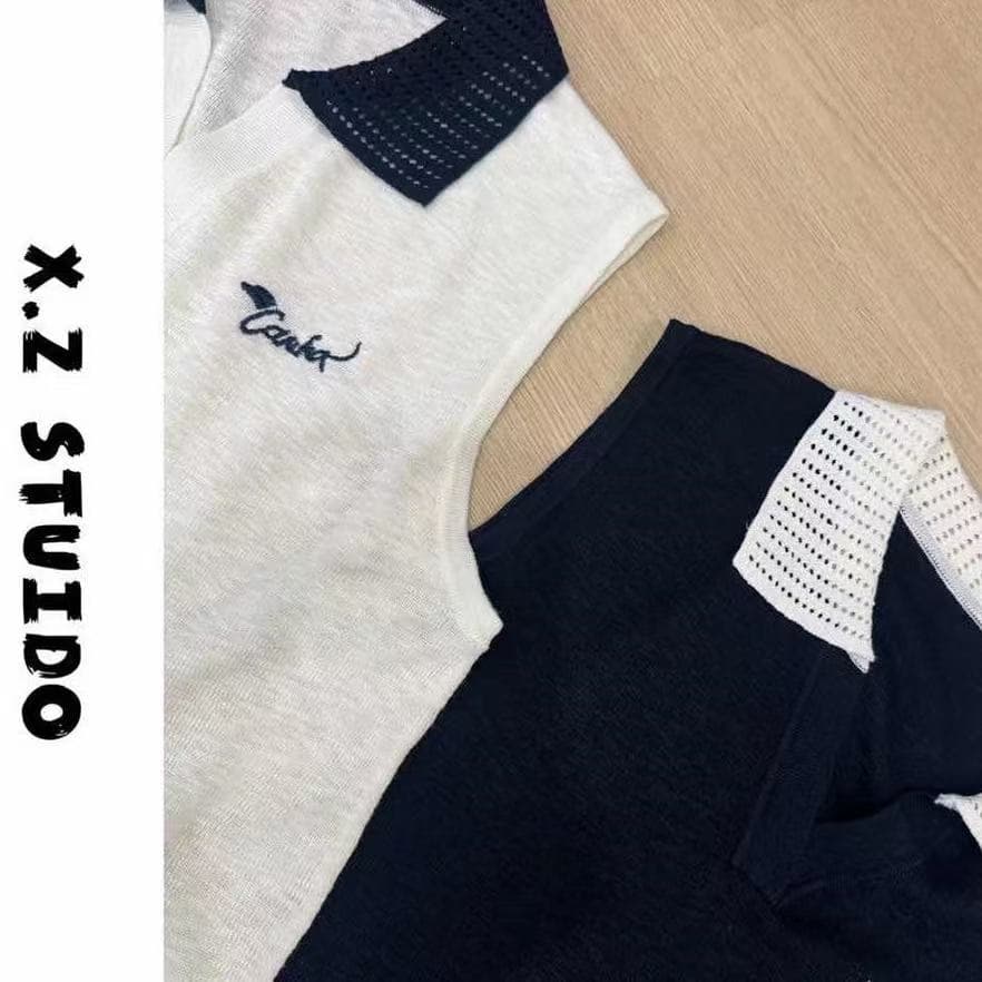 x.zhen 홀로우 아웃 폴로 칼라 민소매 polo 맨위 새로운 느긋한 센스 밖으로 조각 아름다운 슬림해 보이는 옷 여름 상세 이미지 4