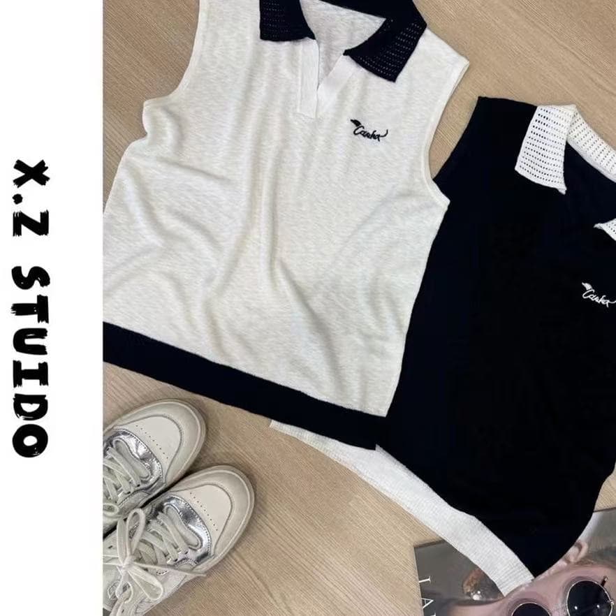 x.zhen 홀로우 아웃 폴로 칼라 민소매 polo 맨위 새로운 느긋한 센스 밖으로 조각 아름다운 슬림해 보이는 옷 여름 상세 이미지 5