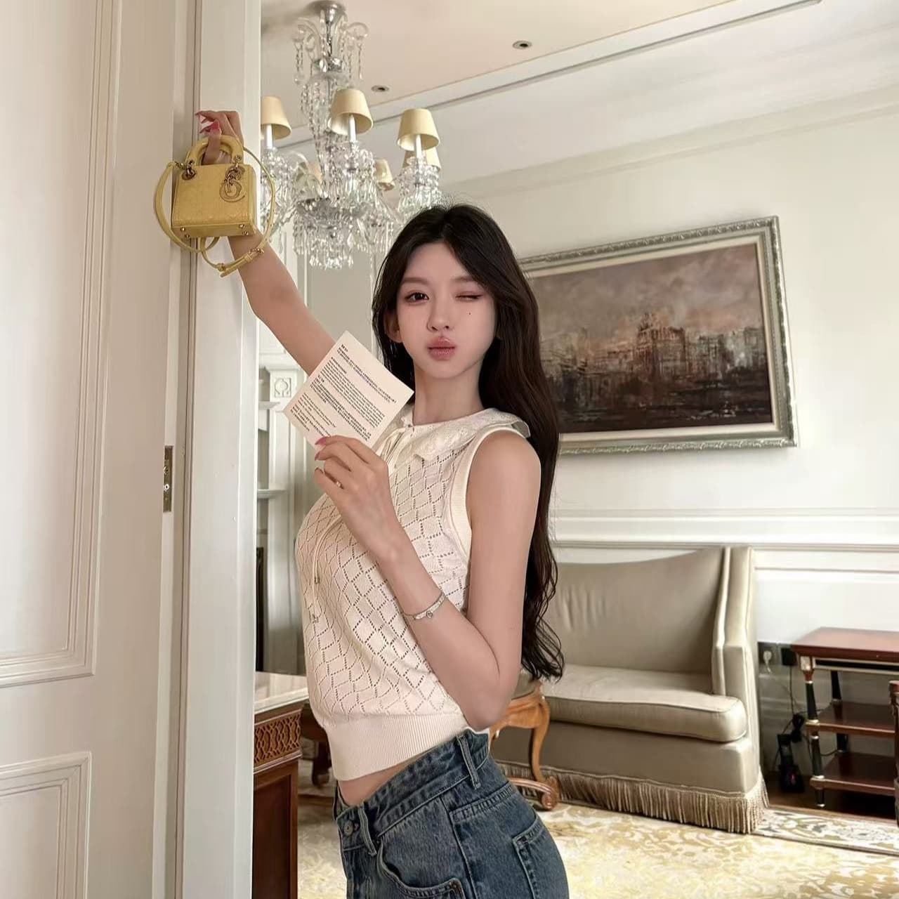 안녕하세요. 팬 팬 fall in d1or 모직물 자카드 프릴 칼라 레이스업 스트라이프 민소매 니트 맨위 이미지 5