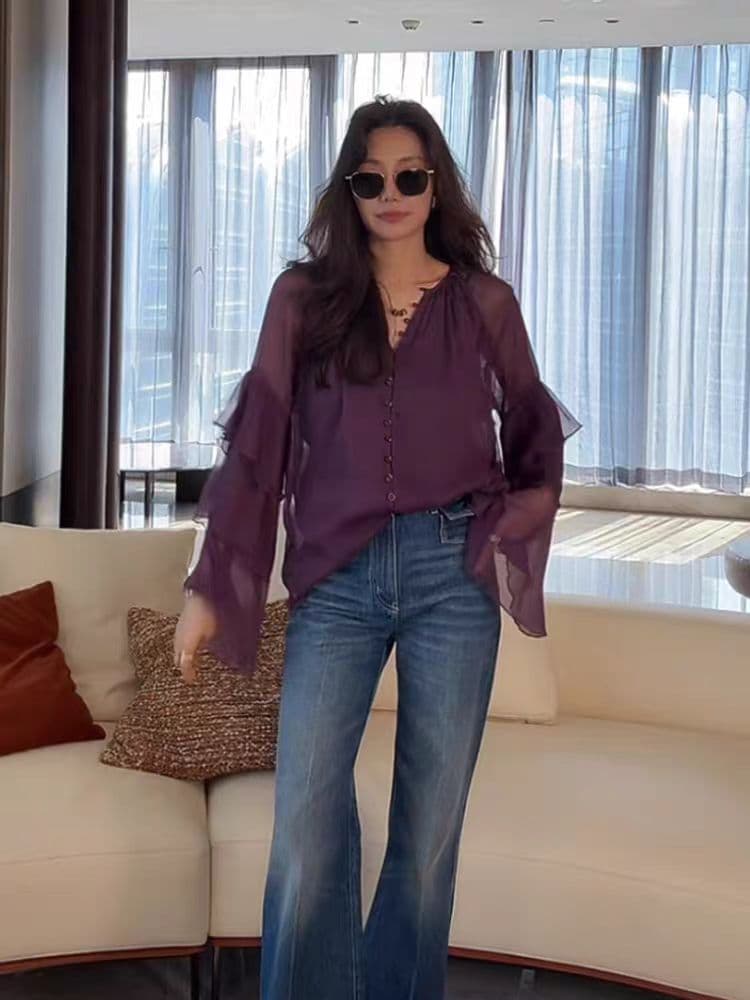 프랑스식 프릴 패치워크 보라색 여성 셔츠 2025 새로운 디자인 센스 연령 감소 다용도 루즈핏 나팔 소매 맨위 상세 이미지 4