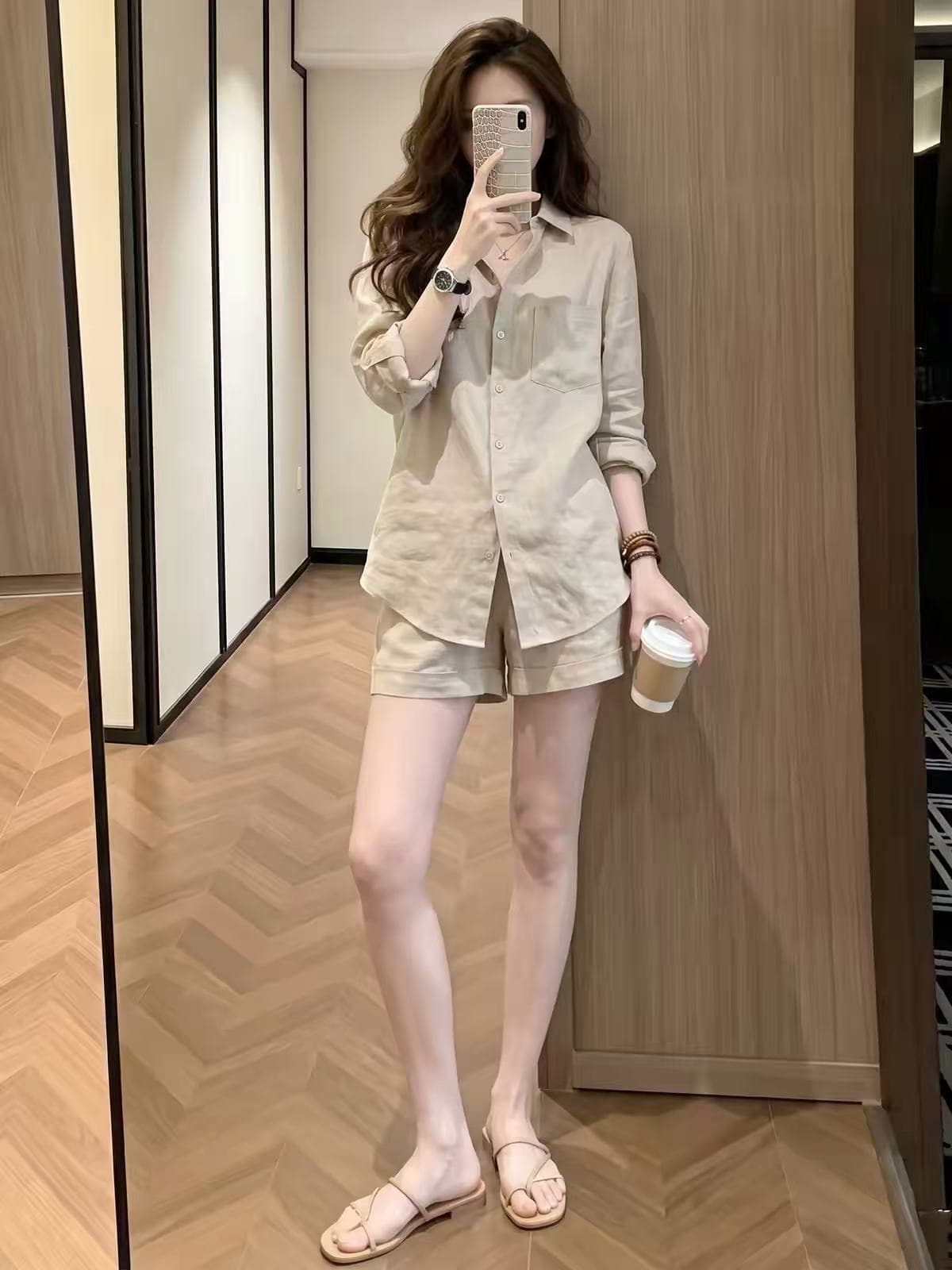 면 린넨 여성 오래된 돈 바람 착용 가져 가라. 고급 센스 세트 여름 자외선 차단 느긋한 레트로 아마 셔츠 반바지 투피스 세트