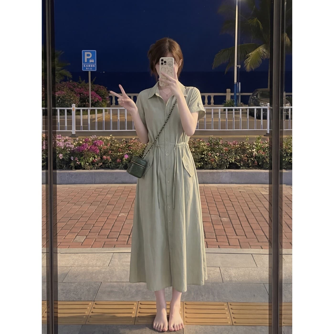 한 부서 단순한 관대 한 녹색 셔츠 여성 드레스 여름 캐주얼 허리 수축 슬림해 보이는 품격 소나무