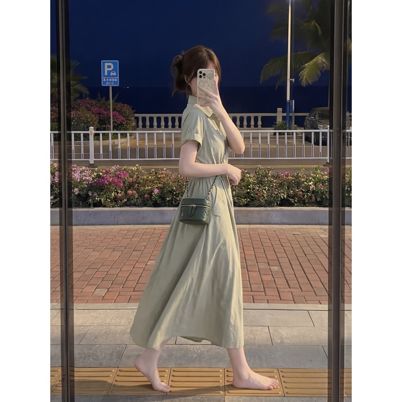 한 부서 단순한 관대 한 녹색 셔츠 여성 드레스 여름 캐주얼 허리 수축 슬림해 보이는 품격 소나무 상세 이미지 2