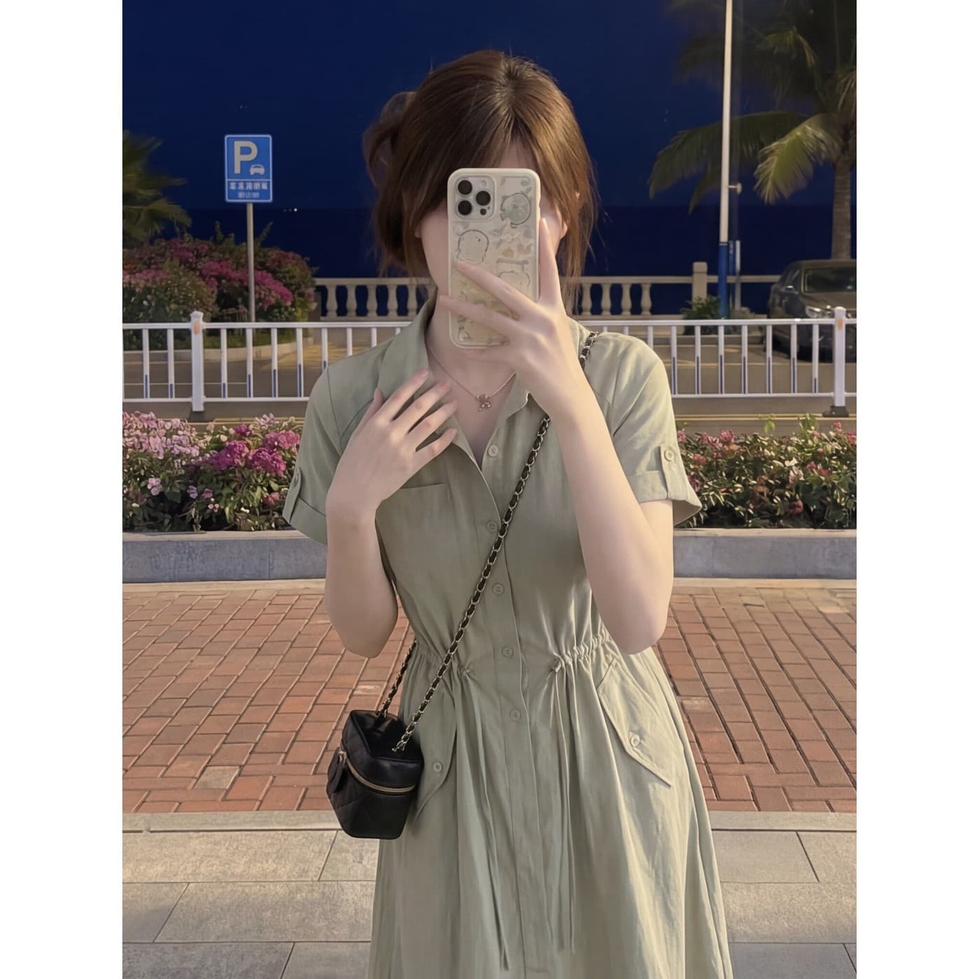 한 부서 단순한 관대 한 녹색 셔츠 여성 드레스 여름 캐주얼 허리 수축 슬림해 보이는 품격 소나무 상세 이미지 3