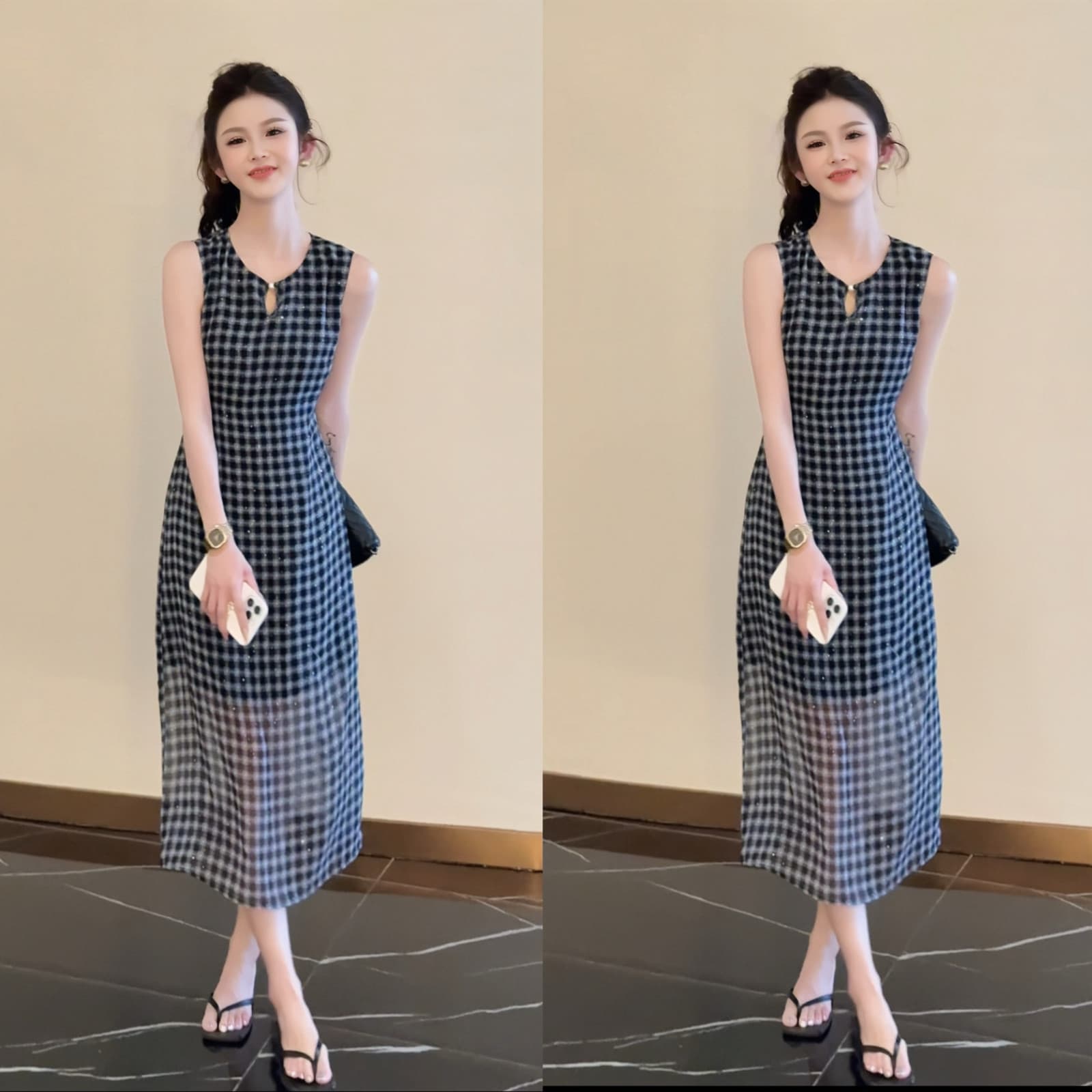 여름 자이언트 잘 생긴 흑인과 백인 체크무늬 민소매 여성 드레스 올해 인기 폭발 품격 슬림해 보이는 한 마디 조끼 스커트 상세 이미지 3