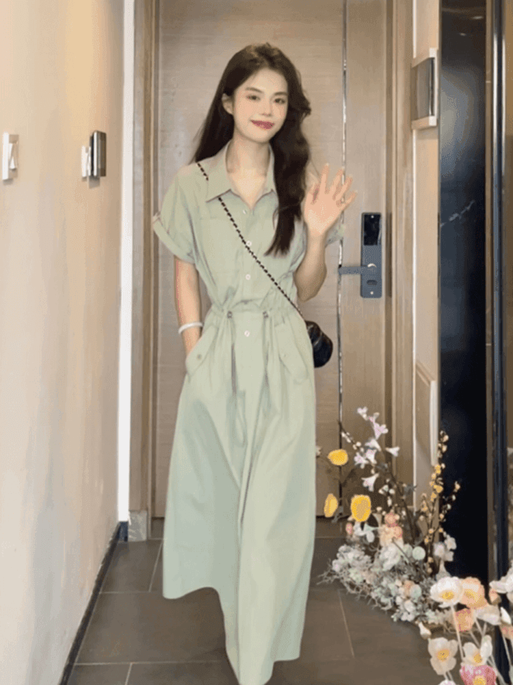 한 부서 단순한 관대 한 녹색 셔츠 여성 드레스 여름 캐주얼 허리 수축 슬림해 보이는 품격 느슨함 센스 길다 치마 상세 이미지 3
