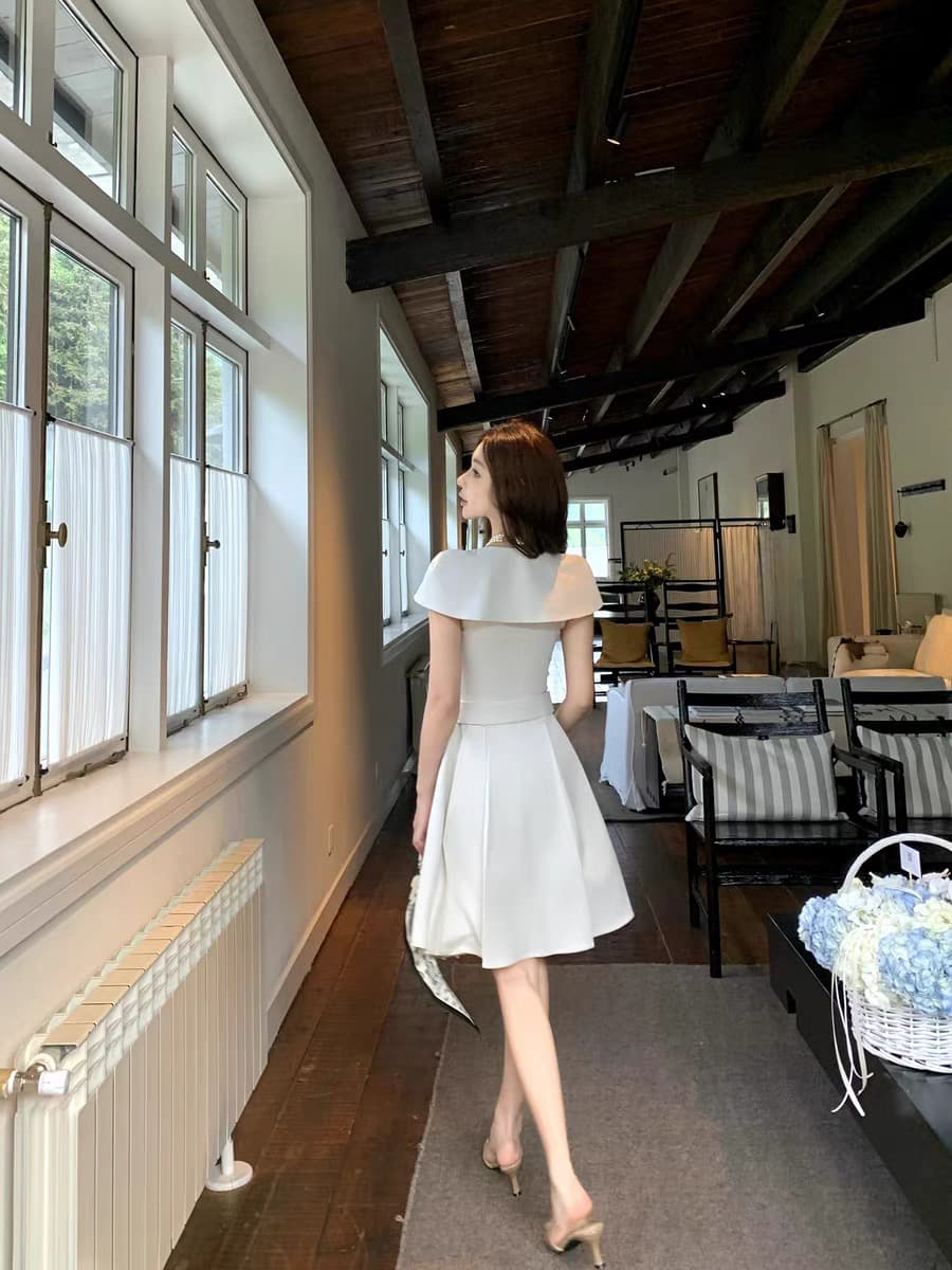 barb chill 천천히 리듬 인생 한국 드라마 여성 주님 살구 색상 바람 드레스 탈착식 숄 슬림해 보이는 한 마디 이미지 4