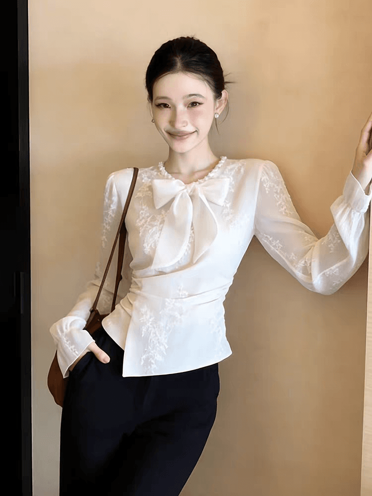프랑스식 캐주얼 빛 럭셔리 바람 화이트 레이스 맨위 여성 고급 센스 몸매 가꾸기 슬림해 보이는 긴팔 맨위 다용도 이미지 3