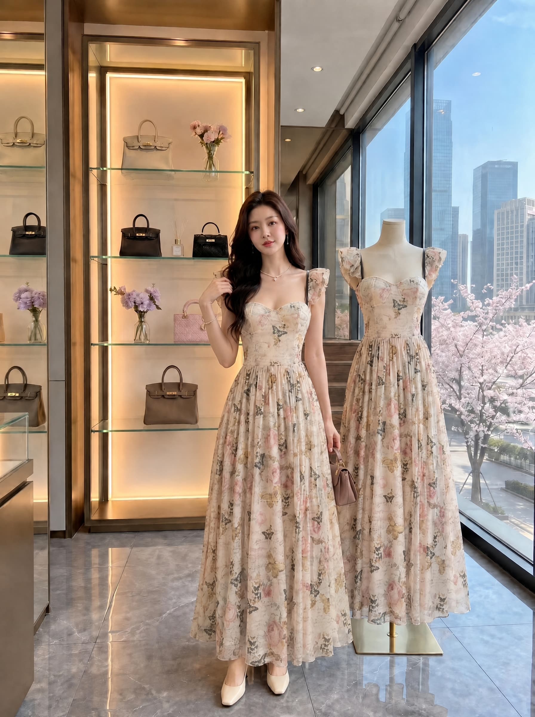 doggyqin 죽은 나무는 봄을 만난다. 프랑스식 작은 날다 소매 프린트 드레스 여름 나만의 것을 가져와 라. 가슴 패드 생선뼈 롱 스커트 이미지 3