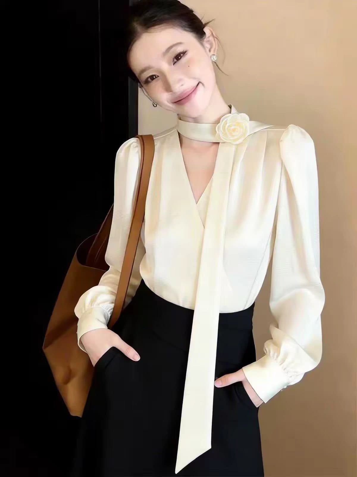 가을 장미 Boutonniere 리본 여성 셔츠 새로운 경력 출퇴근 셔츠 프랑스식 품격 V넥 맨위 이미지 2