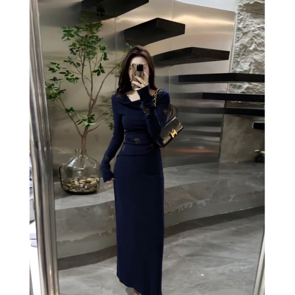 대 찌르기 가을 새로운 흔들다 칼라 디자인 센스 긴팔 패션 빛 럭셔리 프랑스식 몸매 가꾸기 반 스커트 세트 이미지 4