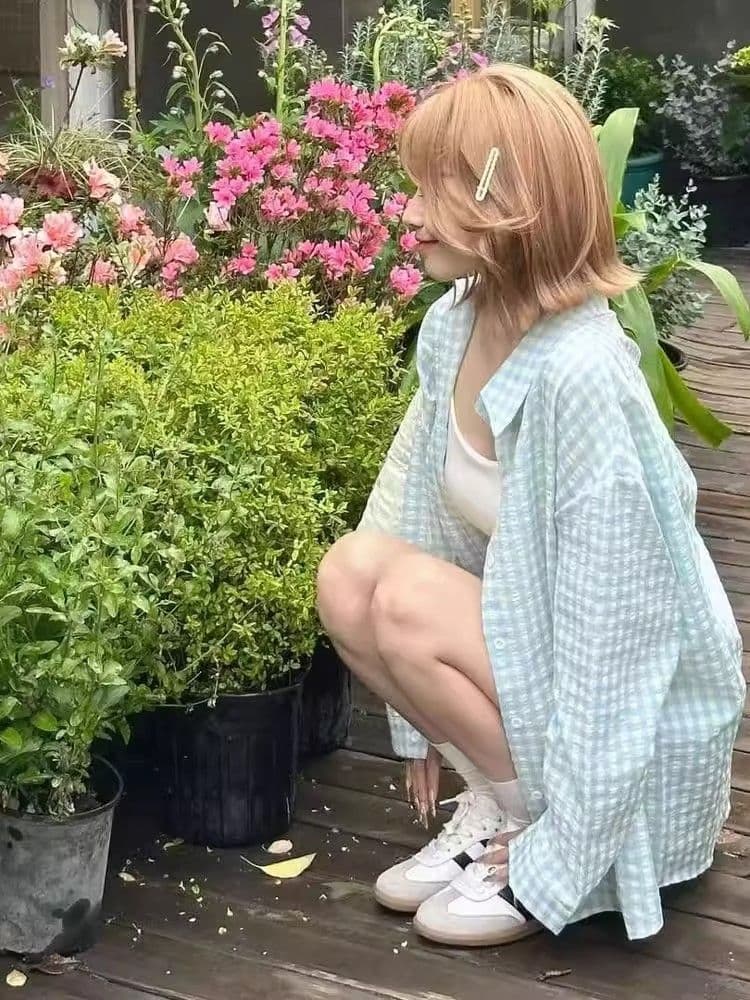 푸른 녹색 체크무늬 POLO 칼라 셔츠 여성 여름 도파민 얇은 스타일 루즈핏 자외선 차단 맨위 상세 이미지 1