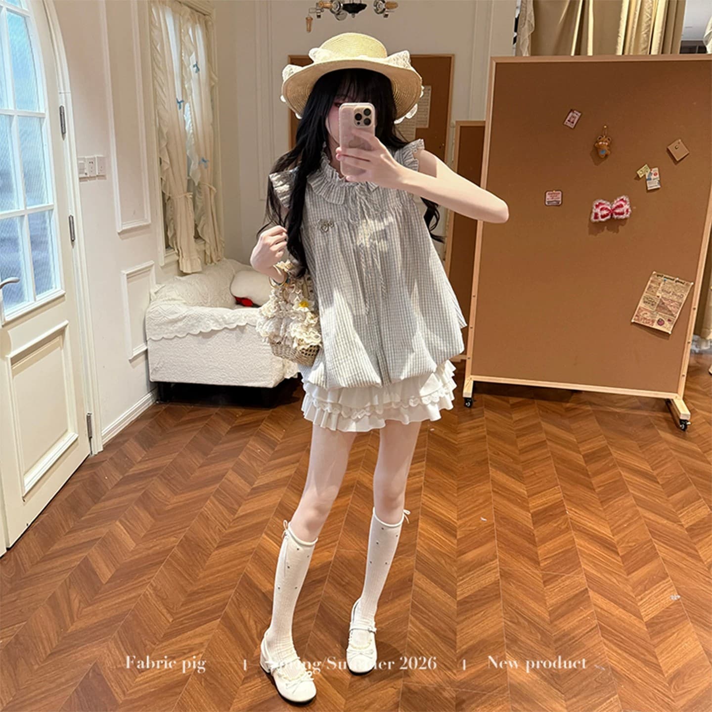 바닐라 버블 직물 돼지 오리지널 신선함 달콤한 자매 여름 민소매 베이비 칼라 스트라이프 맨위 프릴 미니 스커트 상세 이미지 5