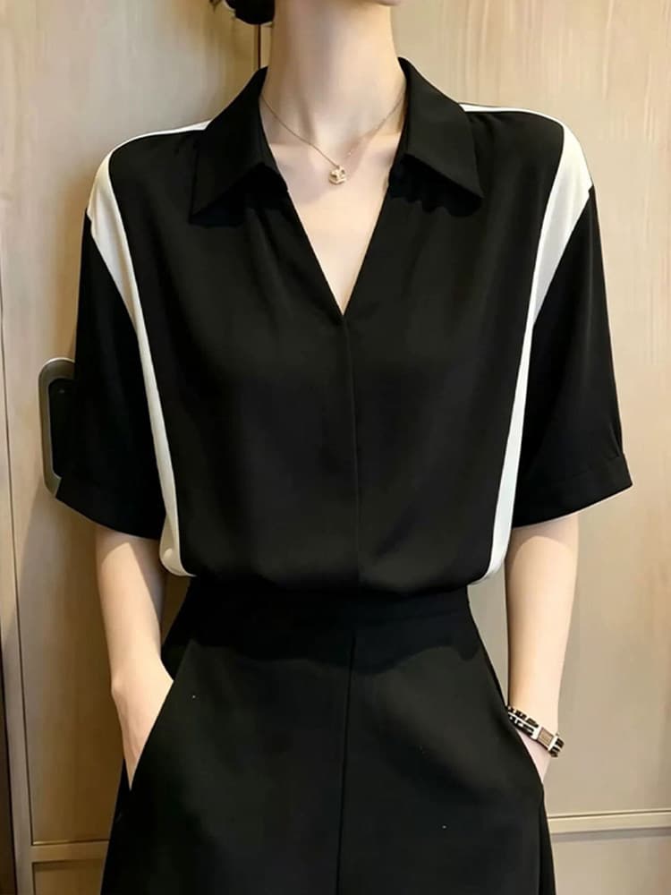 검정색 V 넥 셔츠 여성용 짧은 소매 여름 새로운 패션 연령 감소 루즈핏 캐주얼 슬림해 보이는 디자인 센스 맨위 상세 이미지 6