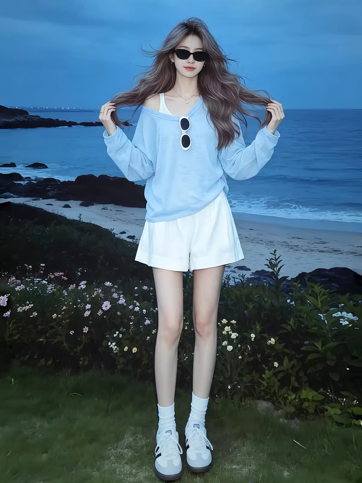 파란색 V넥 긴팔 자외선 차단 블라우스 스택 착용 조끼 여성 여름 그레이트 봐 의류 가져 가라. 화이트 반바지 이미지 3