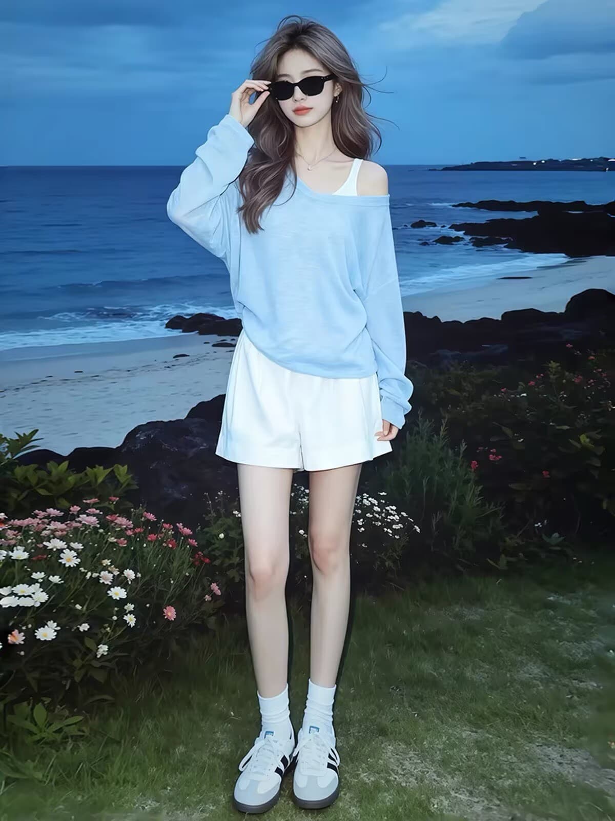 파란색 V넥 긴팔 자외선 차단 블라우스 스택 착용 조끼 여성 여름 그레이트 봐 의류 가져 가라. 화이트 반바지 이미지 2
